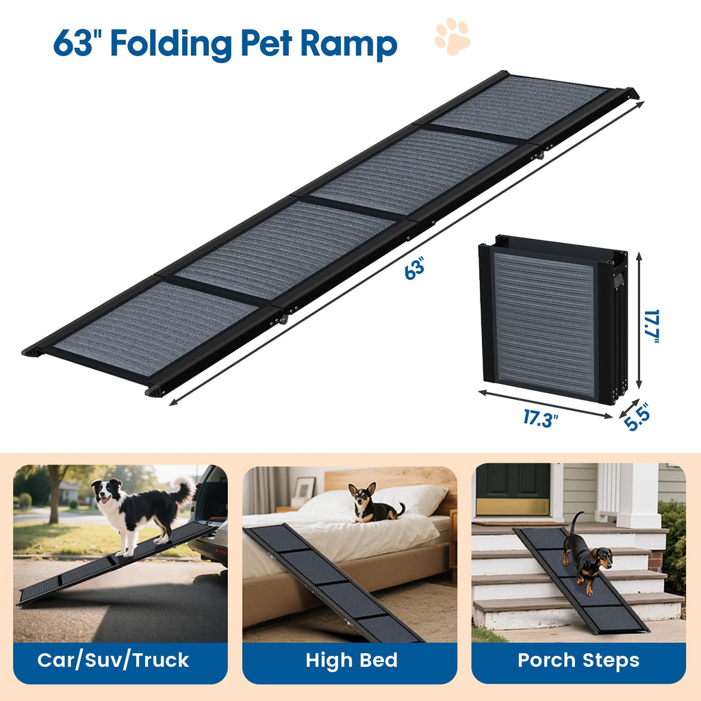HBTower 63in Folding Dog Ramp – 17.3in Wide, Non-Slip, 250 lb Capacity