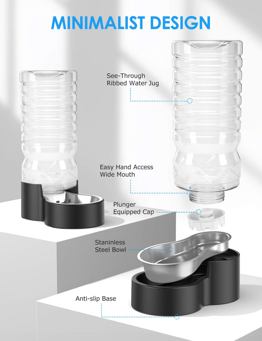 Heouvo 2.5 Gallon Automatic Water Dispenser – Wide Mouth & Removable Stainless Steel Bowl for Multi-Pet Homes