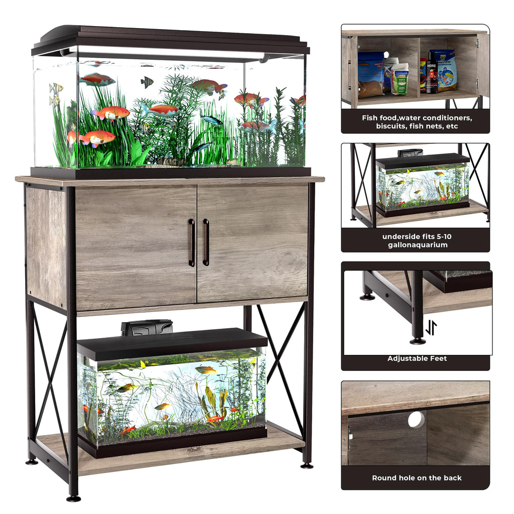 Herture 20-29 Gallon Aquarium Stand with Cabinet Storage – Grey, 30.7” L x 16.5” W, 330Lbs