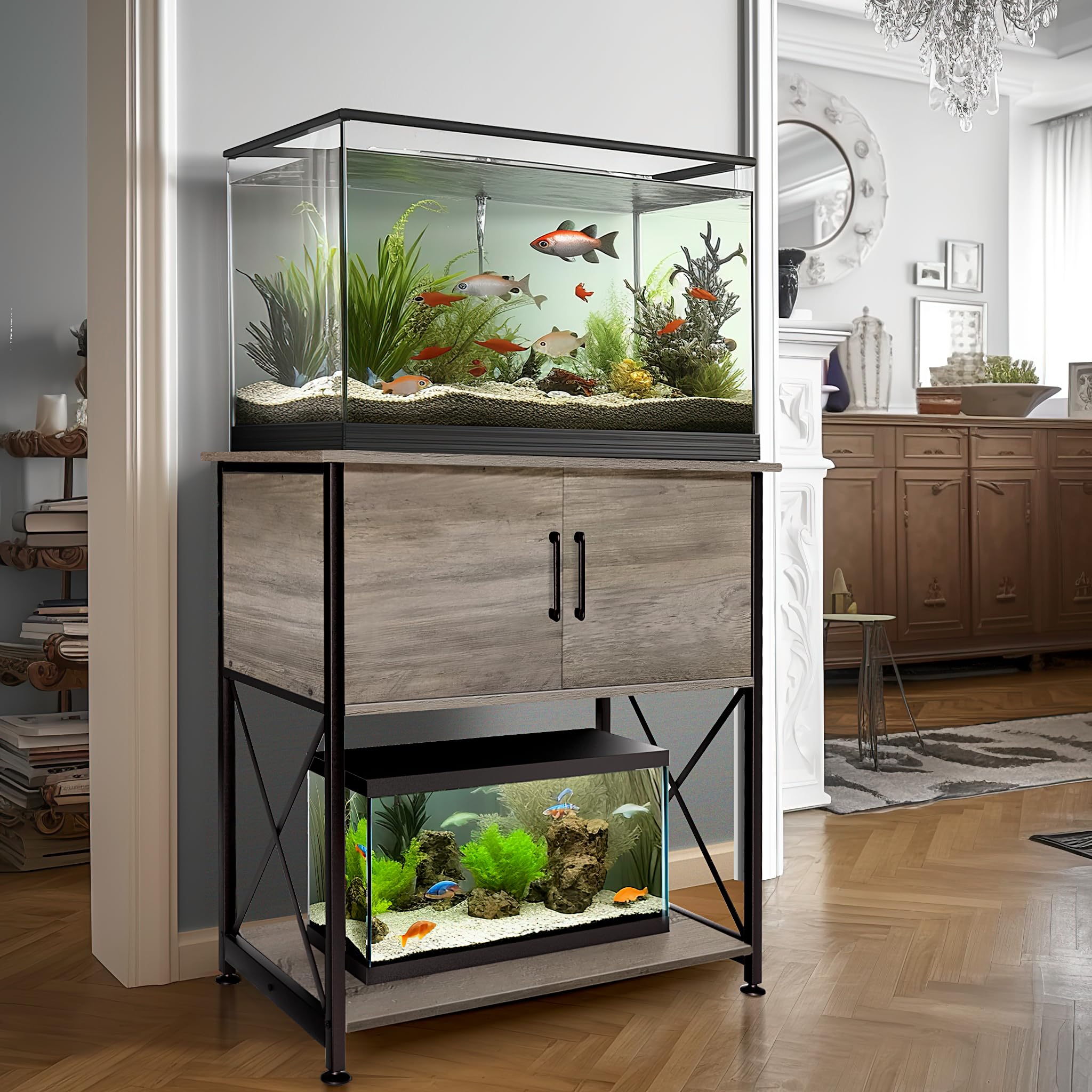 Herture 20-29 Gallon Aquarium Stand with Cabinet Storage – Grey, 30.7” L x 16.5” W, 330Lbs
