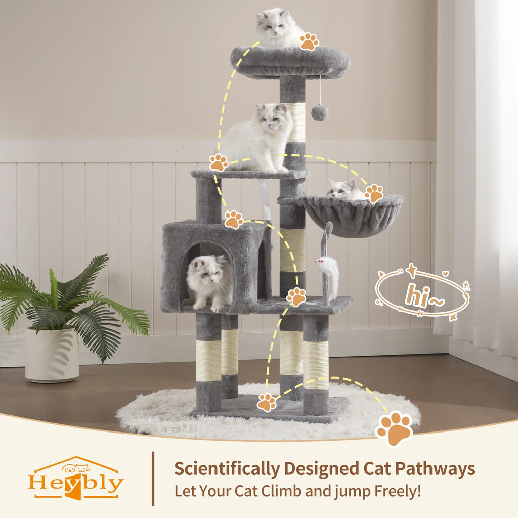 Heybly Cat Tree with Toy HCT004SW — Indoor Cat Tower with Plush Perch, Hammock & Sisal Posts