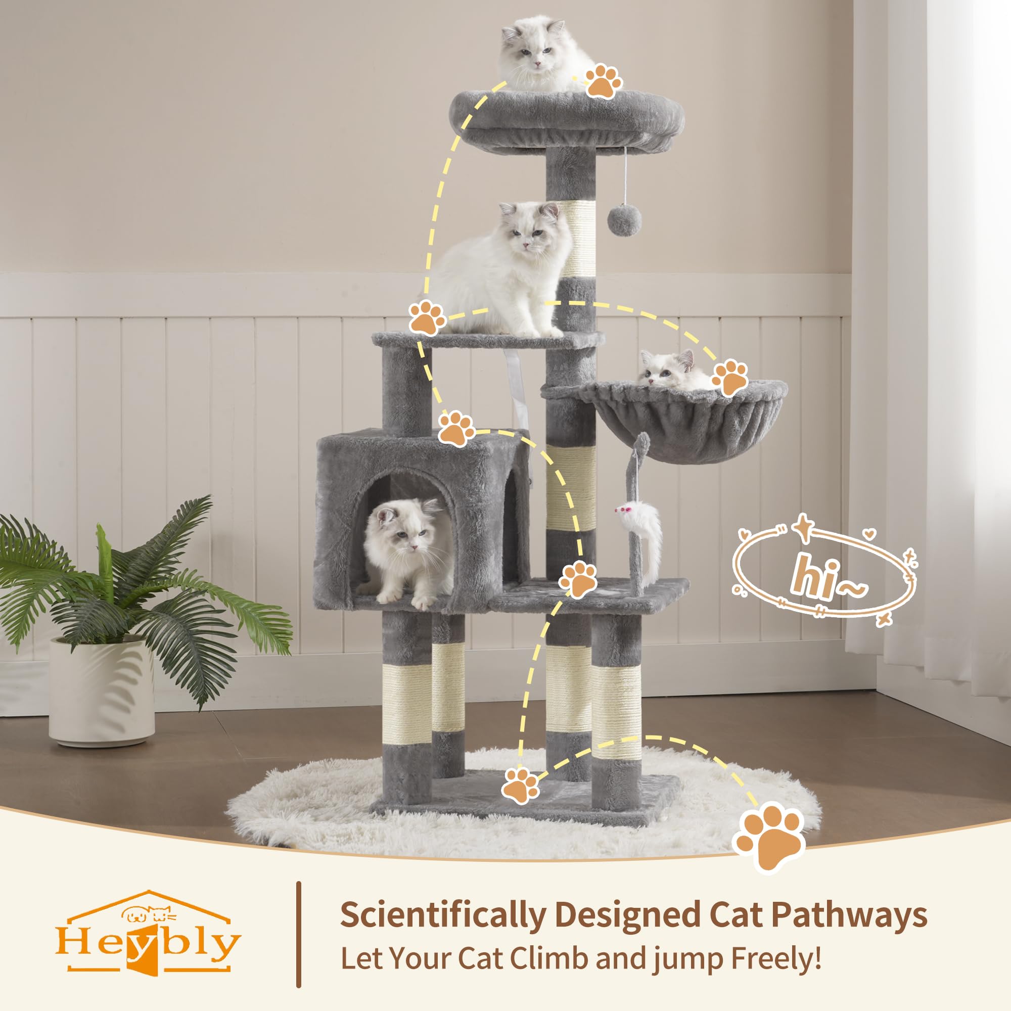 Heybly Cat Tree with Toy HCT004SW — Indoor Cat Tower with Plush Perch, Hammock & Sisal Posts