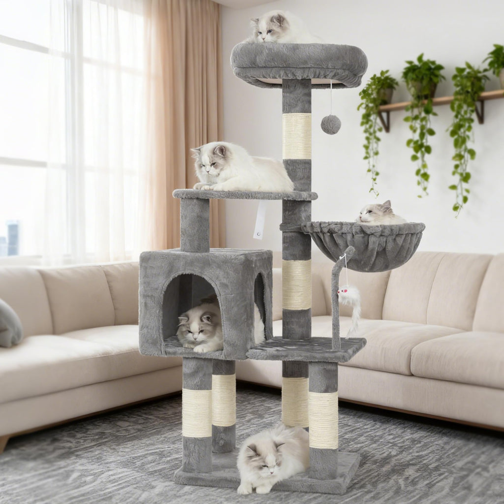 Heybly Cat Tree with Toy HCT004SW — Indoor Cat Tower with Plush Perch, Hammock & Sisal Posts