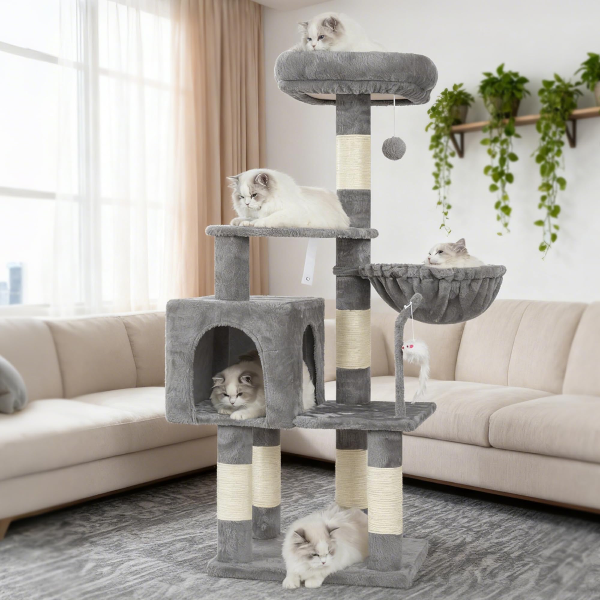Heybly Cat Tree with Toy HCT004SW — Indoor Cat Tower with Plush Perch, Hammock & Sisal Posts