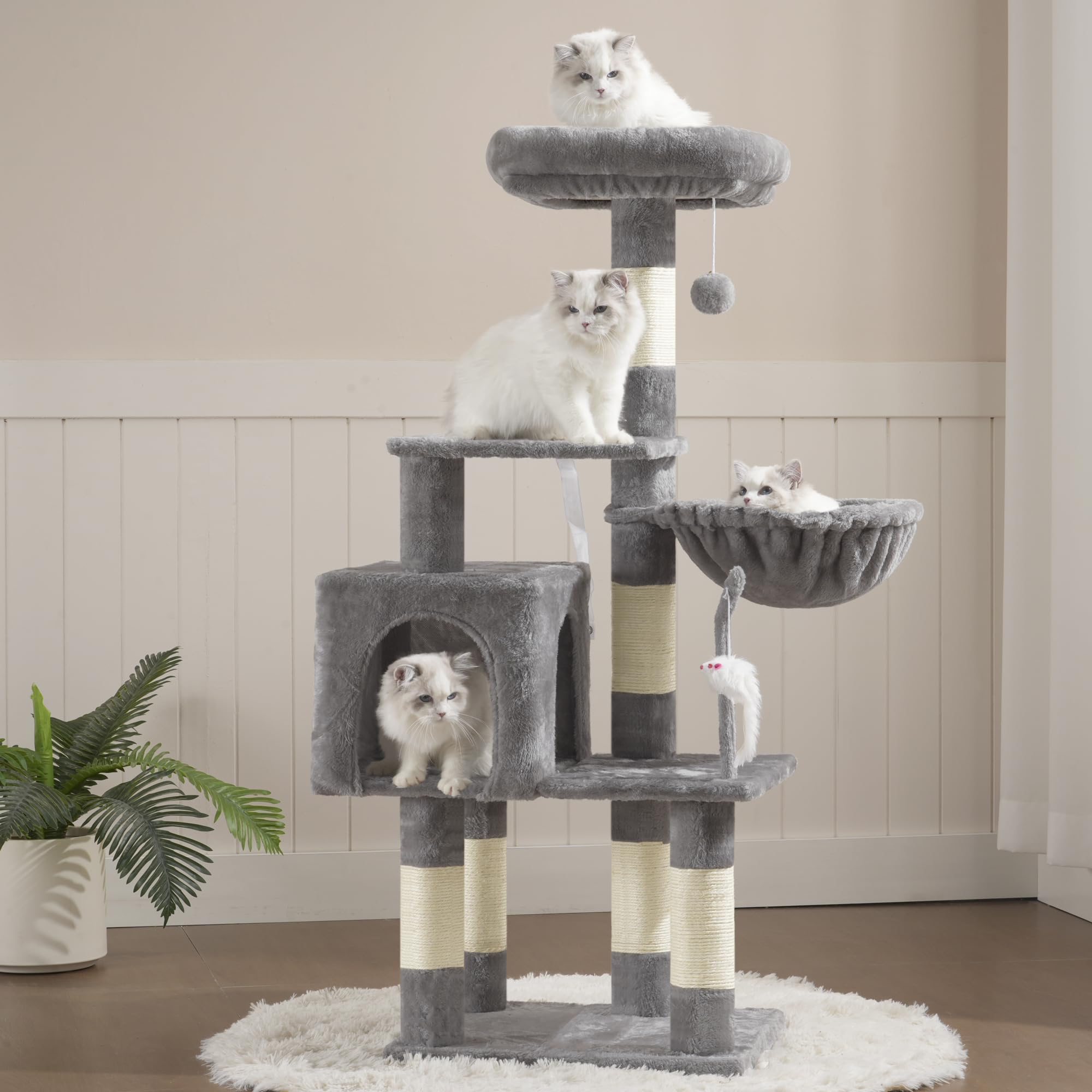 Heybly Cat Tree with Toy HCT004SW — Indoor Cat Tower with Plush Perch, Hammock & Sisal Posts