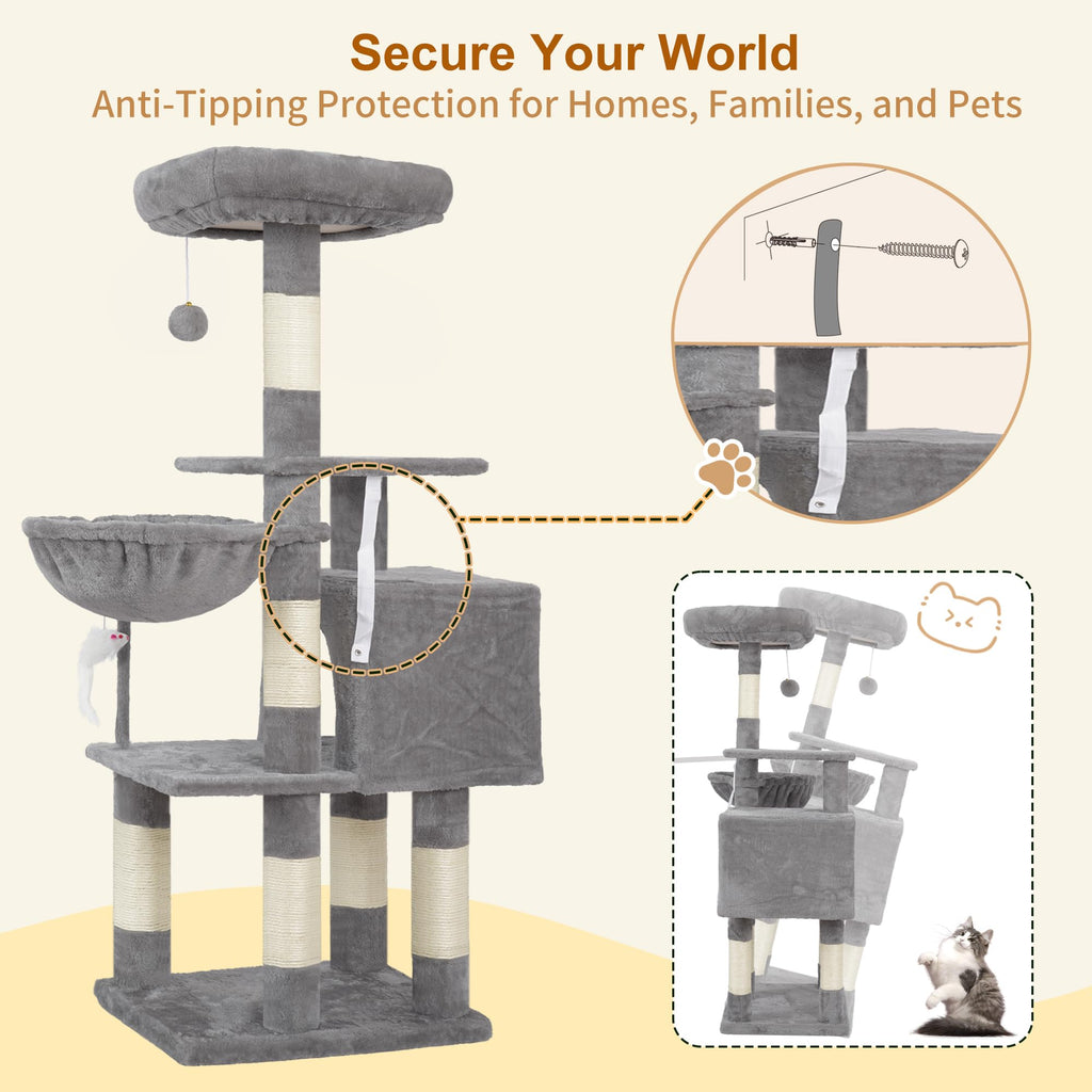 Heybly Cat Tree with Toy HCT004SW — Indoor Cat Tower with Plush Perch, Hammock & Sisal Posts