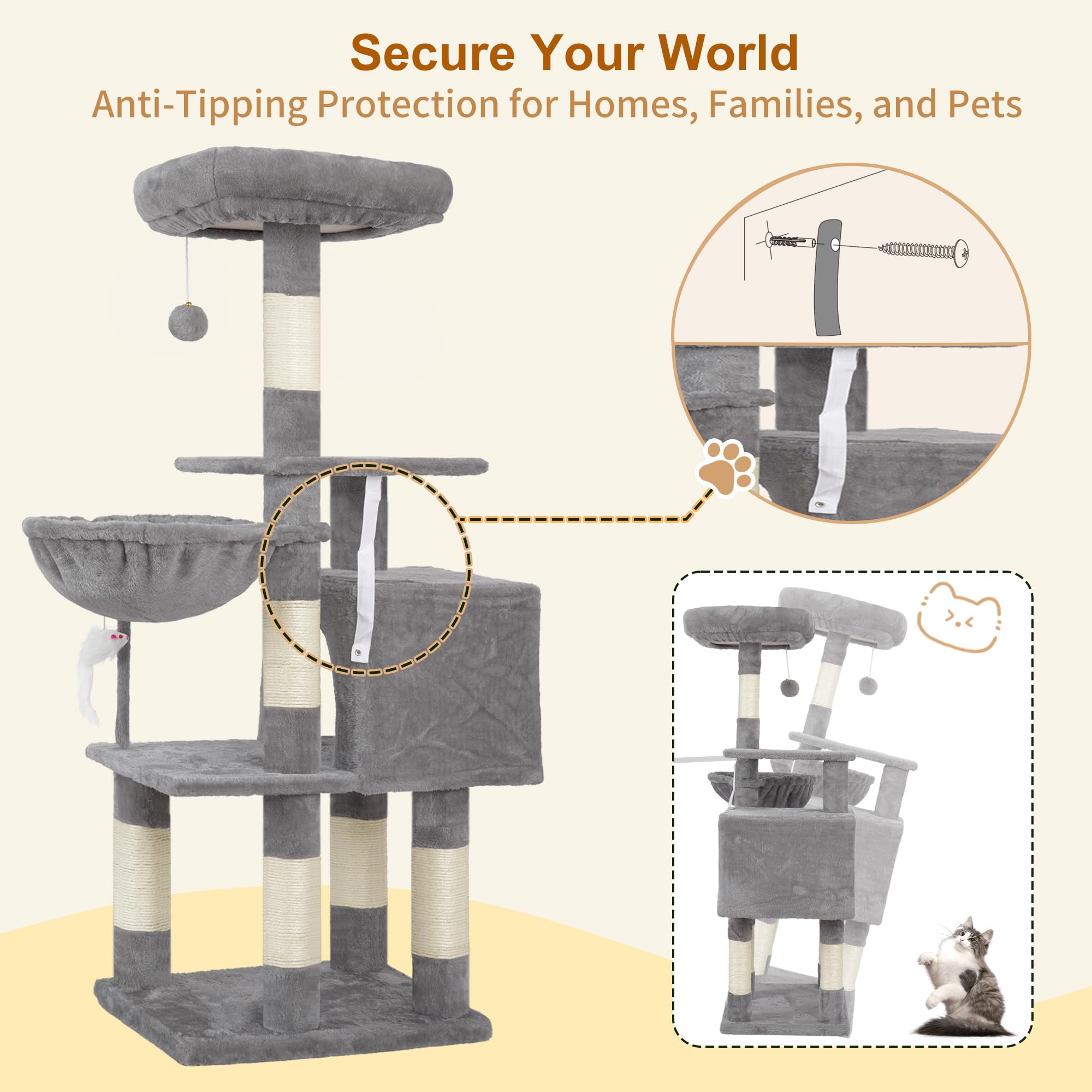 Heybly Cat Tree with Toy HCT004SW — Indoor Cat Tower with Plush Perch, Hammock & Sisal Posts