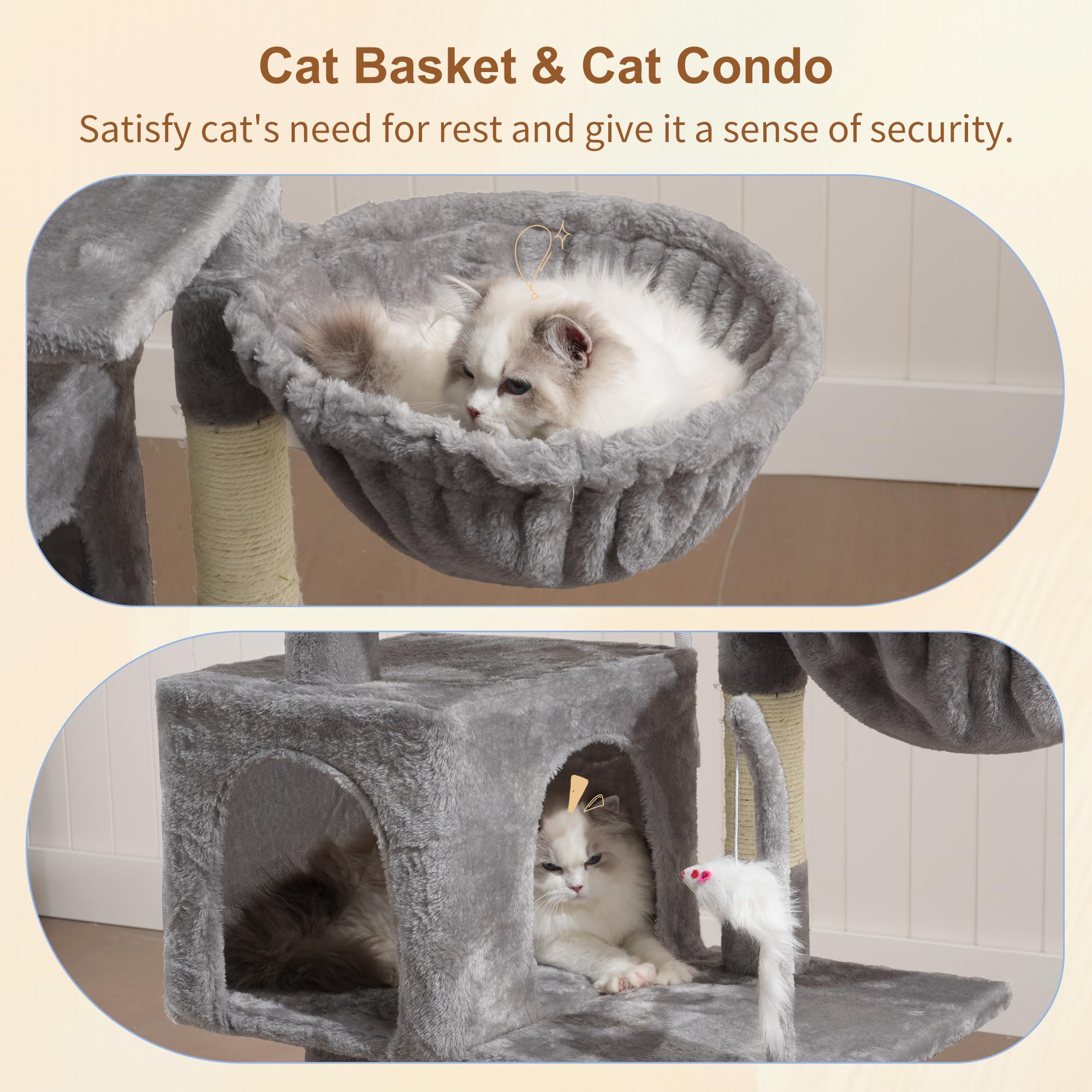 Heybly Cat Tree with Toy HCT004SW — Indoor Cat Tower with Plush Perch, Hammock & Sisal Posts