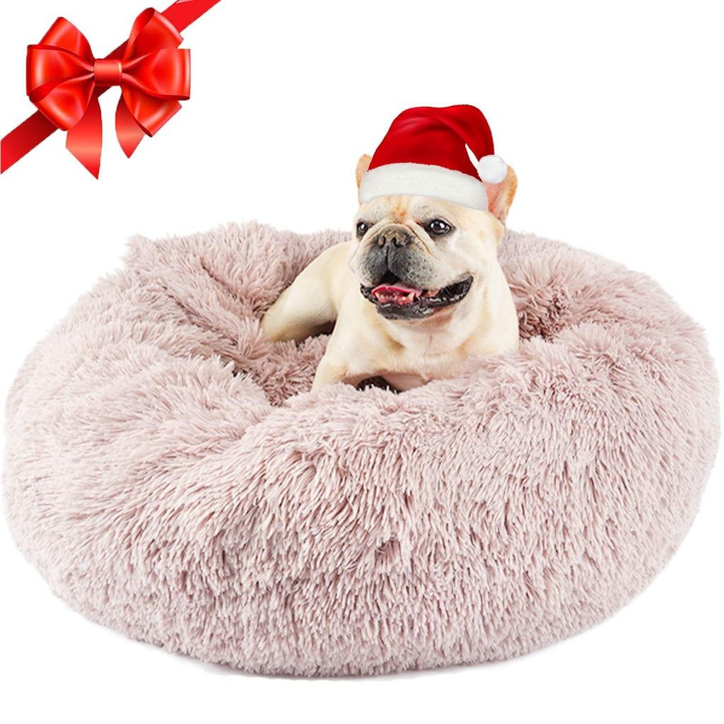 Himax Donut Dog Bed with Attached Blanket | Calming, Washable Bed for Medium Dogs (20/26/35) Beige