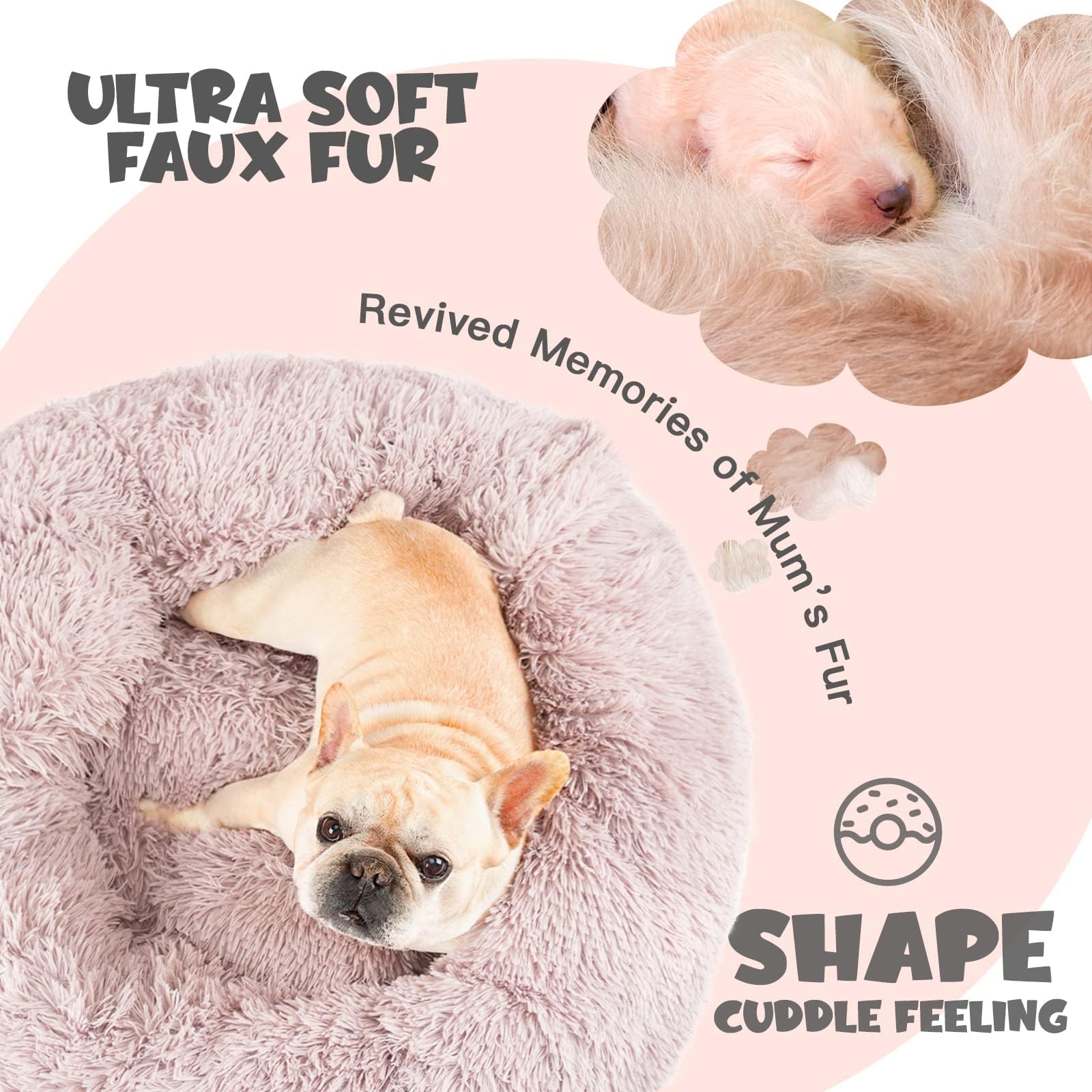 Himax Donut Dog Bed with Attached Blanket | Calming, Washable Bed for Medium Dogs (20/26/35) Beige
