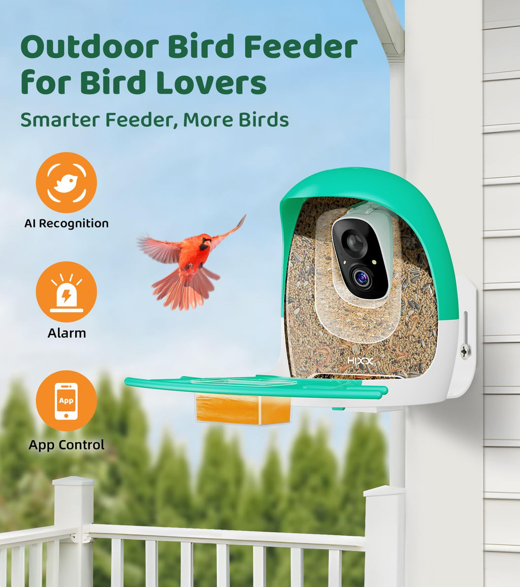 HIXX Smart Bird Feeder with Camera – 2K Live Birdwatching, AI ID, Solar Power, Color Night Vision