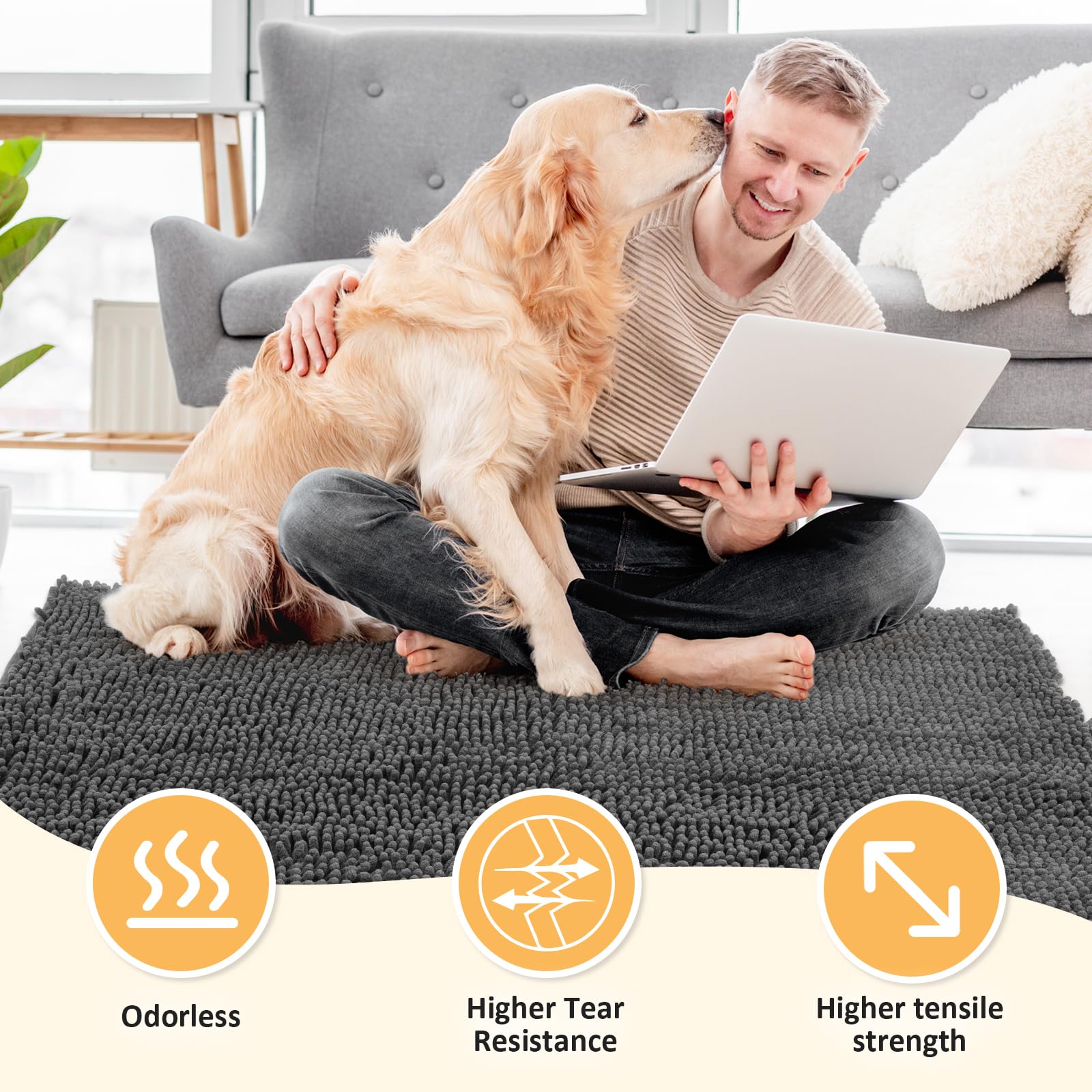 HOMEK Absorbent Dog Door Mat – 60 x 24 in Chenille Entryway Mud Mat, Non-Slip & Washable