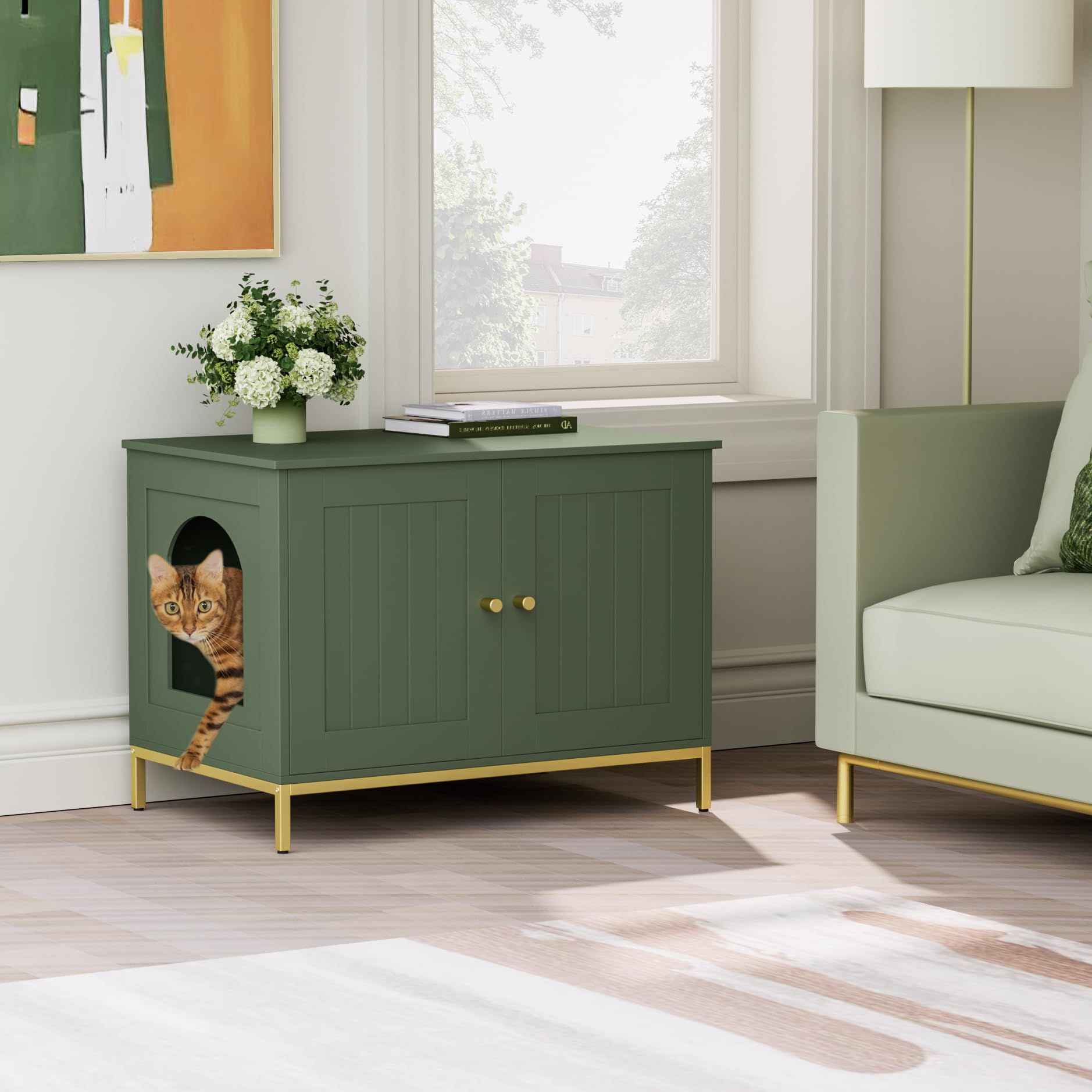 Homhedy Cat Litter Box Enclosure — Green & Gold Modern Cat Washroom Furniture