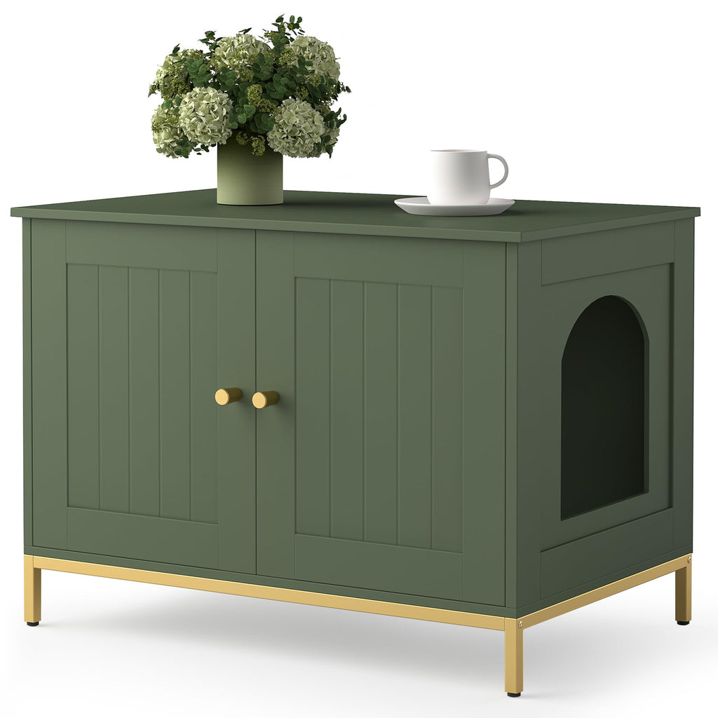 Homhedy Cat Litter Box Enclosure — Green & Gold Modern Cat Washroom Furniture