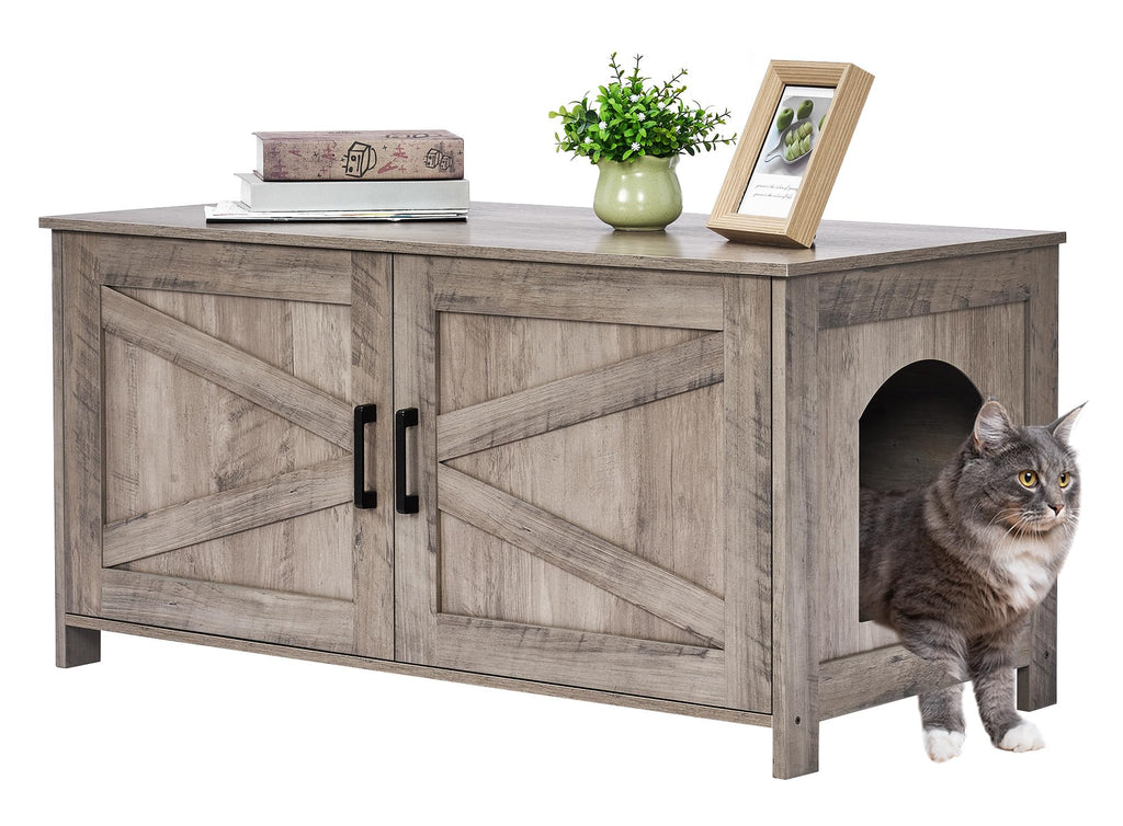 Homhedy 39.4-inch L Cat Litter Box Enclosure – Barn Door Wood Pet House, Greige