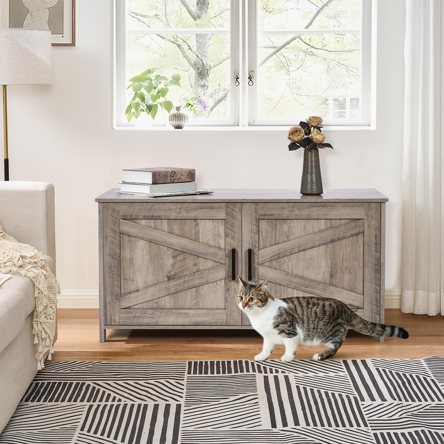 Homhedy 39.4-inch L Cat Litter Box Enclosure – Barn Door Wood Pet House, Greige