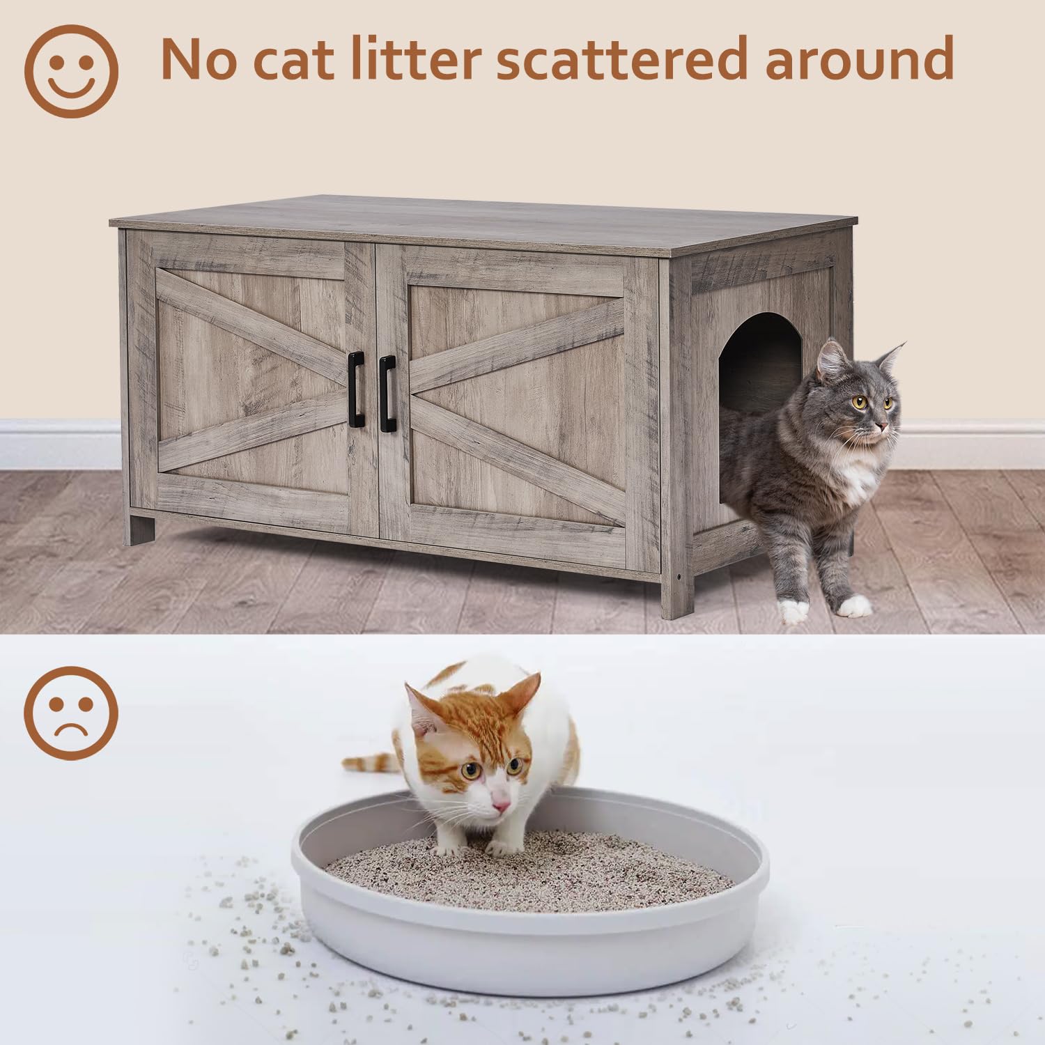 Homhedy 39.4-inch L Cat Litter Box Enclosure – Barn Door Wood Pet House, Greige