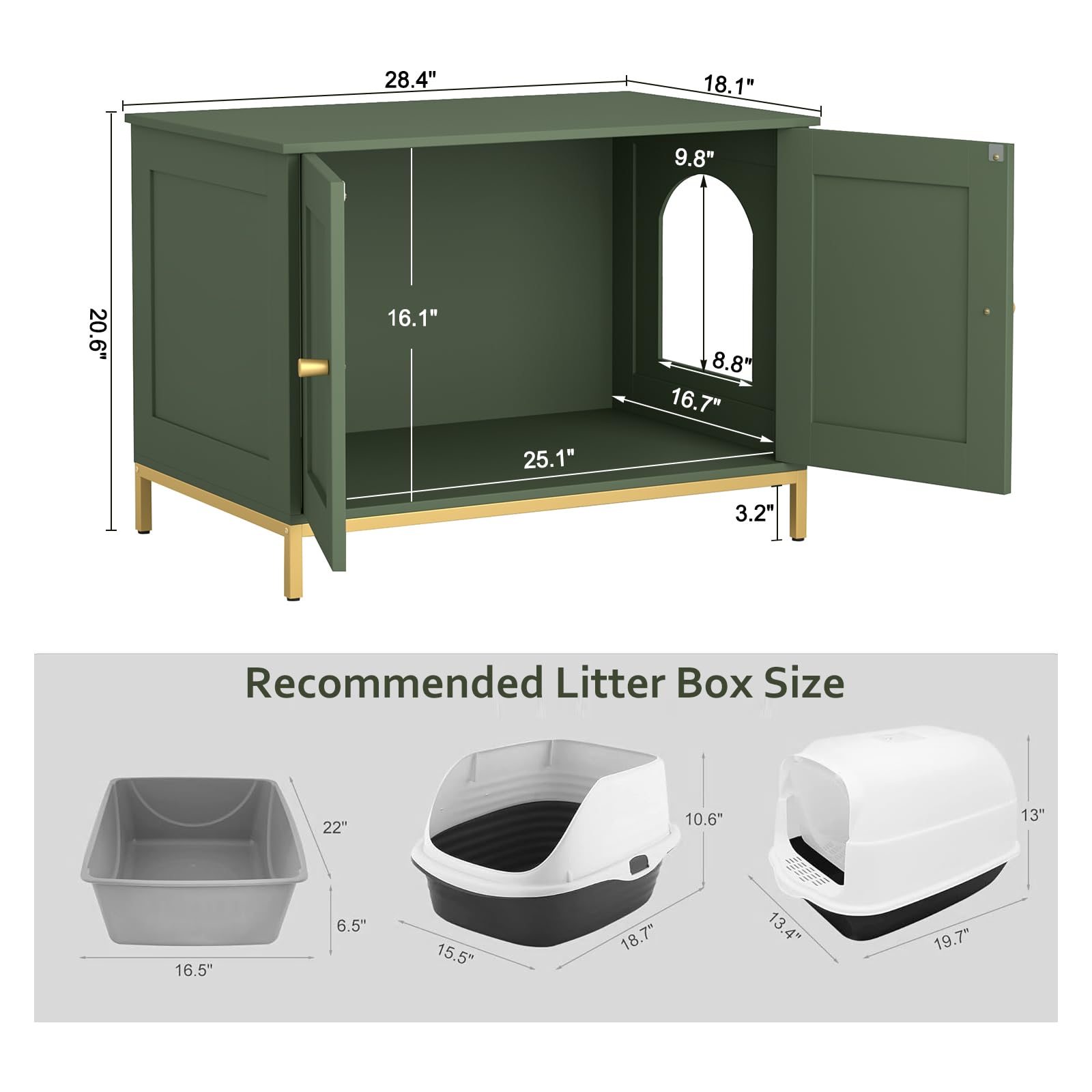 Homhedy Cat Litter Box Enclosure — Green & Gold Modern Cat Washroom Furniture