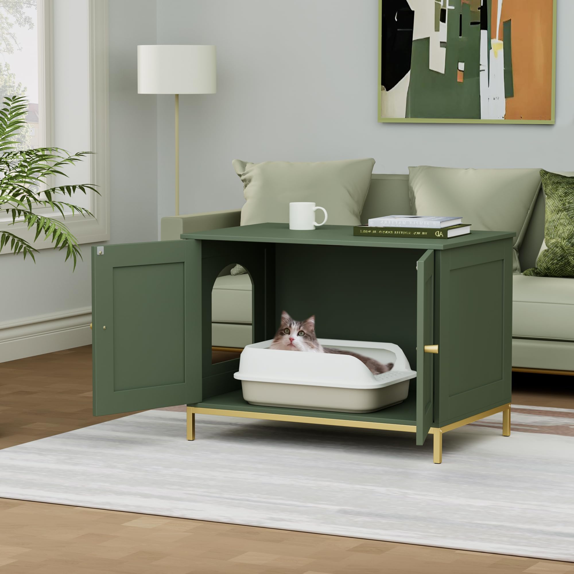 Homhedy Cat Litter Box Enclosure — Green & Gold Modern Cat Washroom Furniture