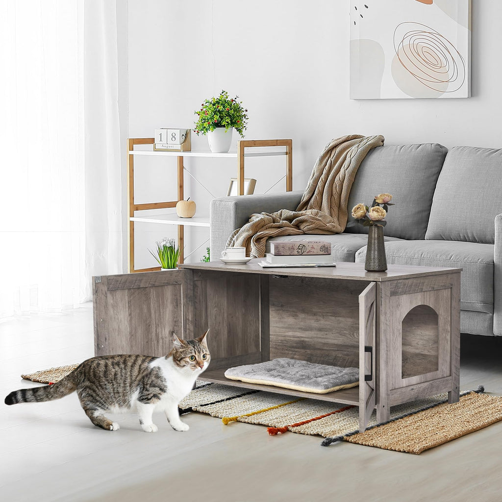 Homhedy 39.4-inch L Cat Litter Box Enclosure – Barn Door Wood Pet House, Greige