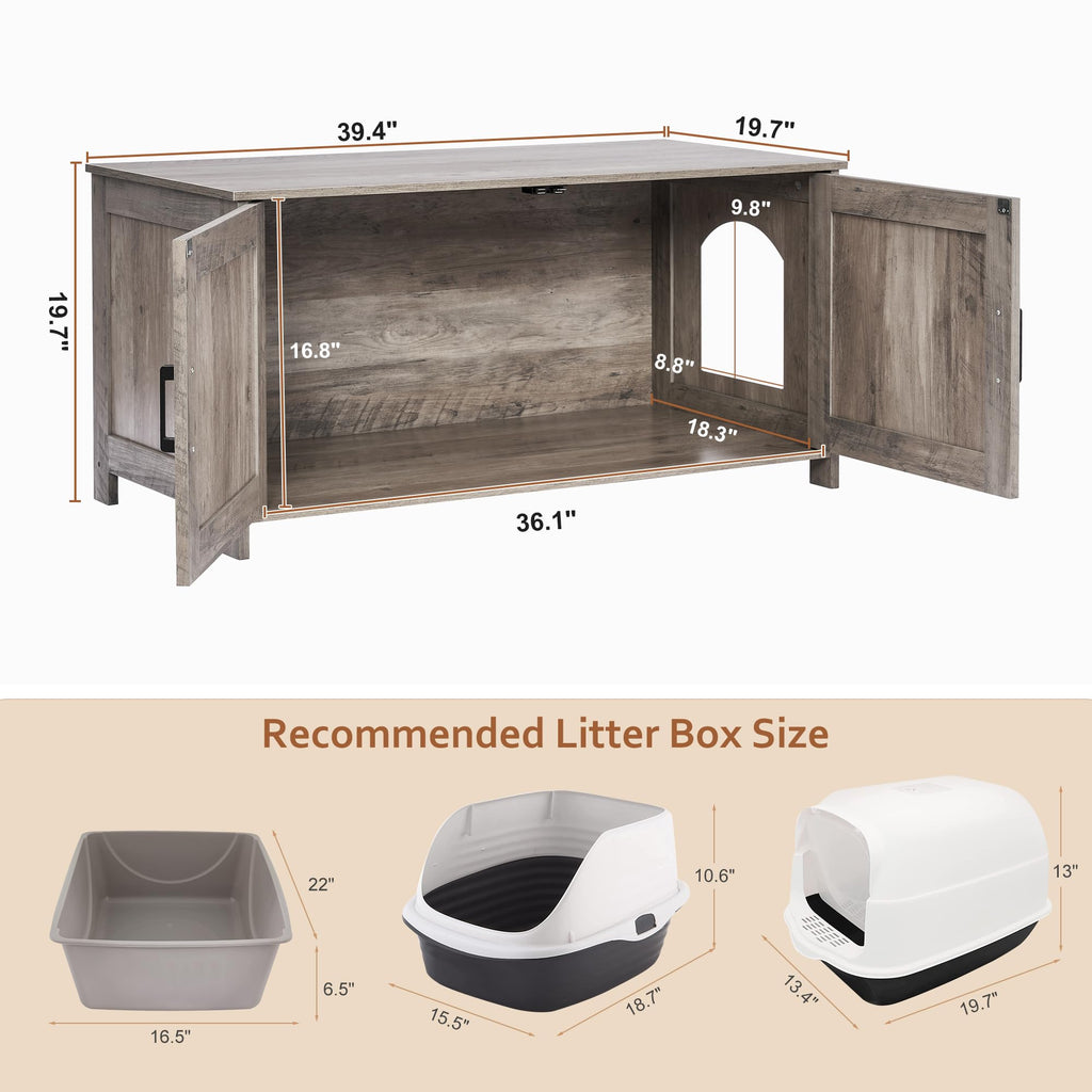 Homhedy 39.4-inch L Cat Litter Box Enclosure – Barn Door Wood Pet House, Greige