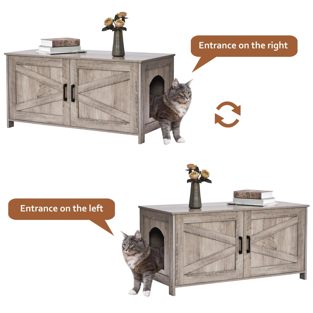 Homhedy 39.4-inch L Cat Litter Box Enclosure – Barn Door Wood Pet House, Greige
