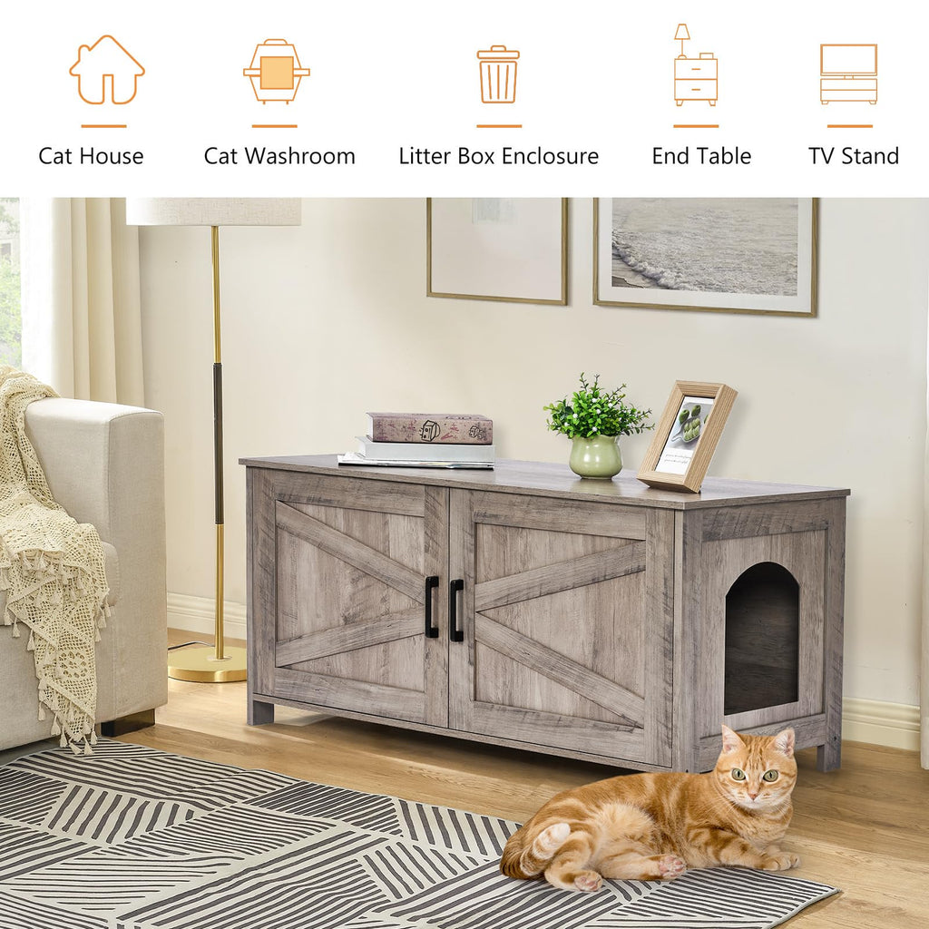 Homhedy 39.4-inch L Cat Litter Box Enclosure – Barn Door Wood Pet House, Greige