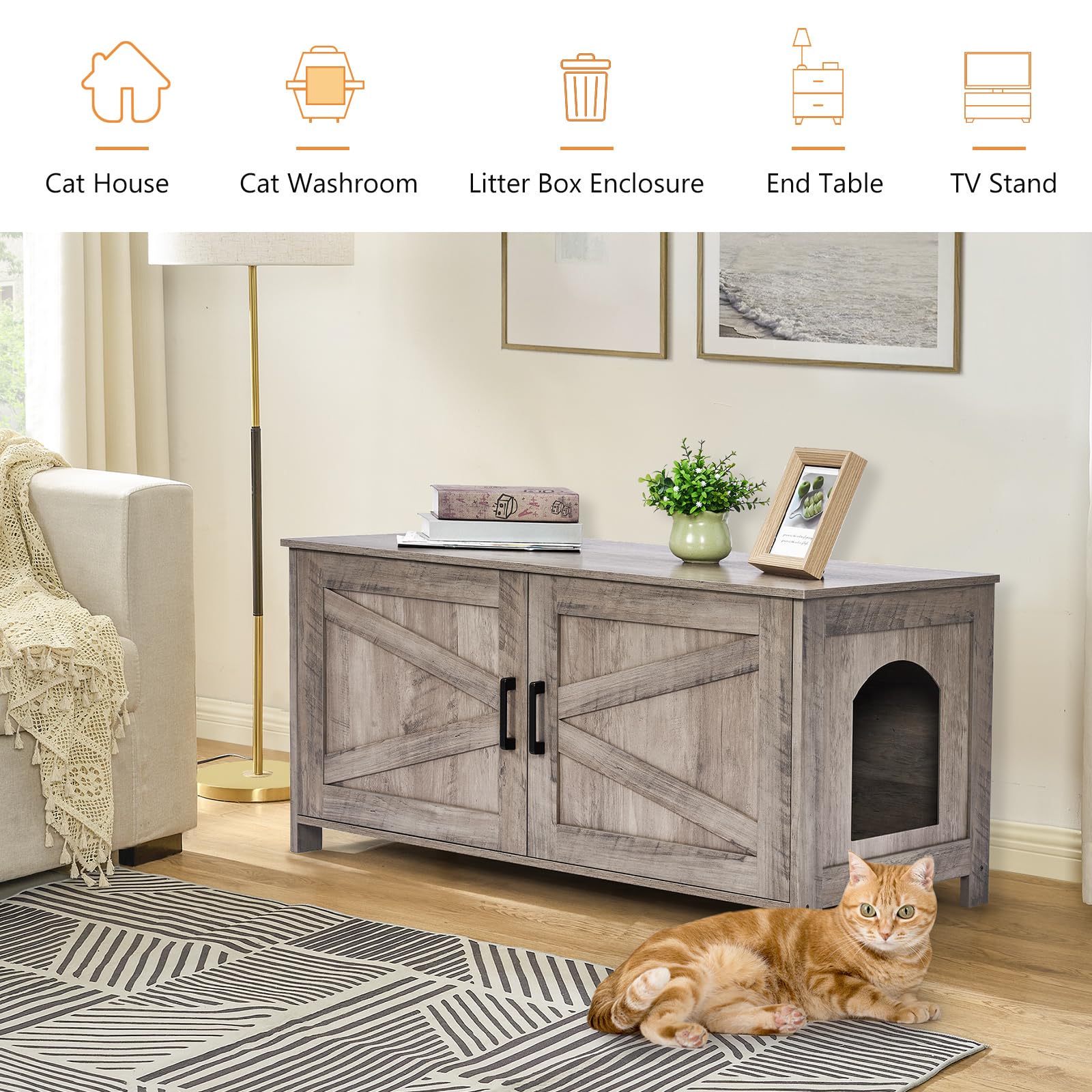 Homhedy 39.4-inch L Cat Litter Box Enclosure – Barn Door Wood Pet House, Greige