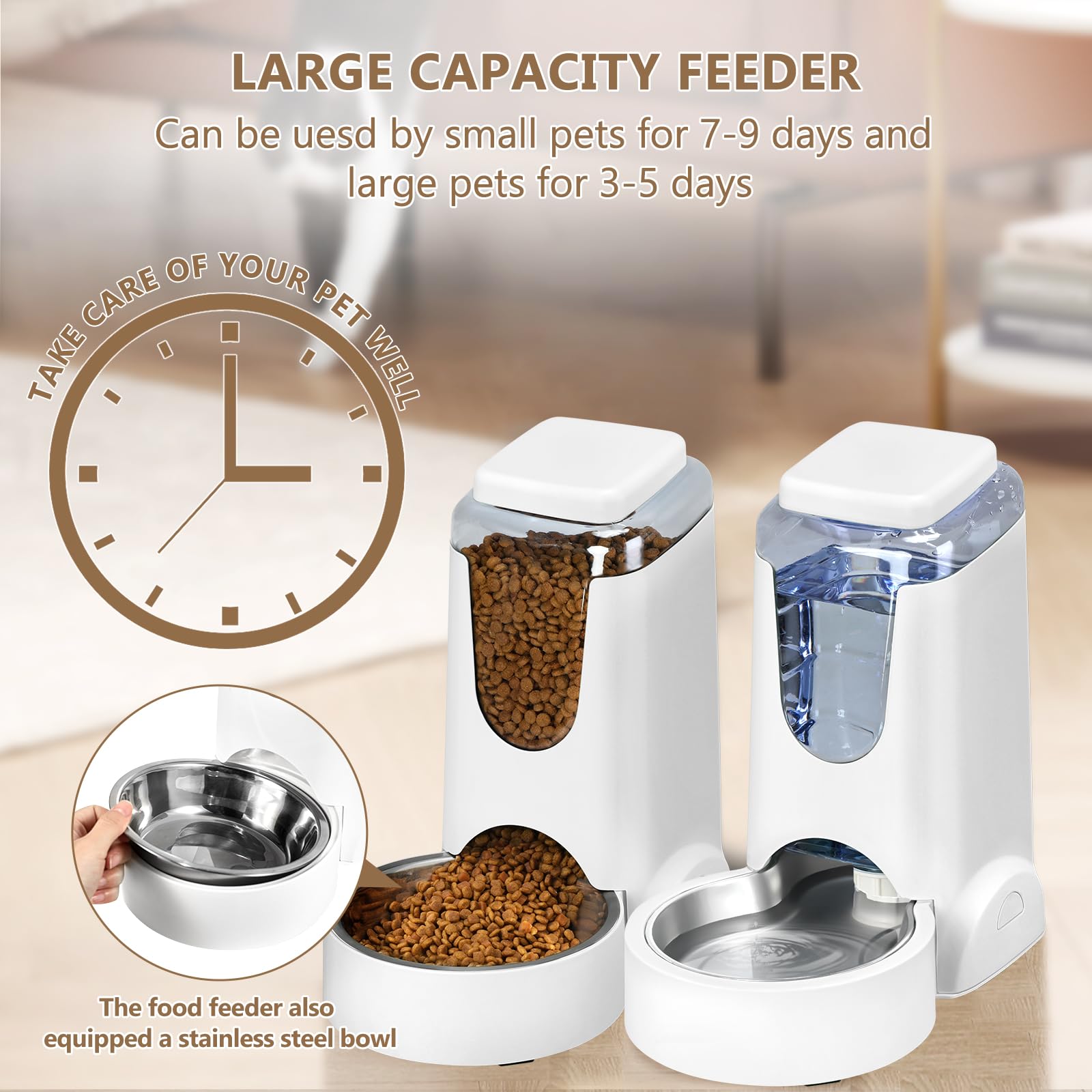 HWONMTE Automatic Cat Feeder & Water Dispenser — Gravity Feed, Stainless Bowl, 1 Gallon (Pack of 2)