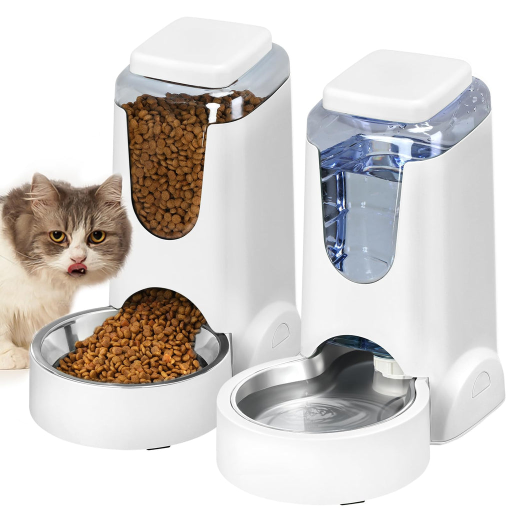 HWONMTE Automatic Cat Feeder & Water Dispenser — Gravity Feed, Stainless Bowl, 1 Gallon (Pack of 2)