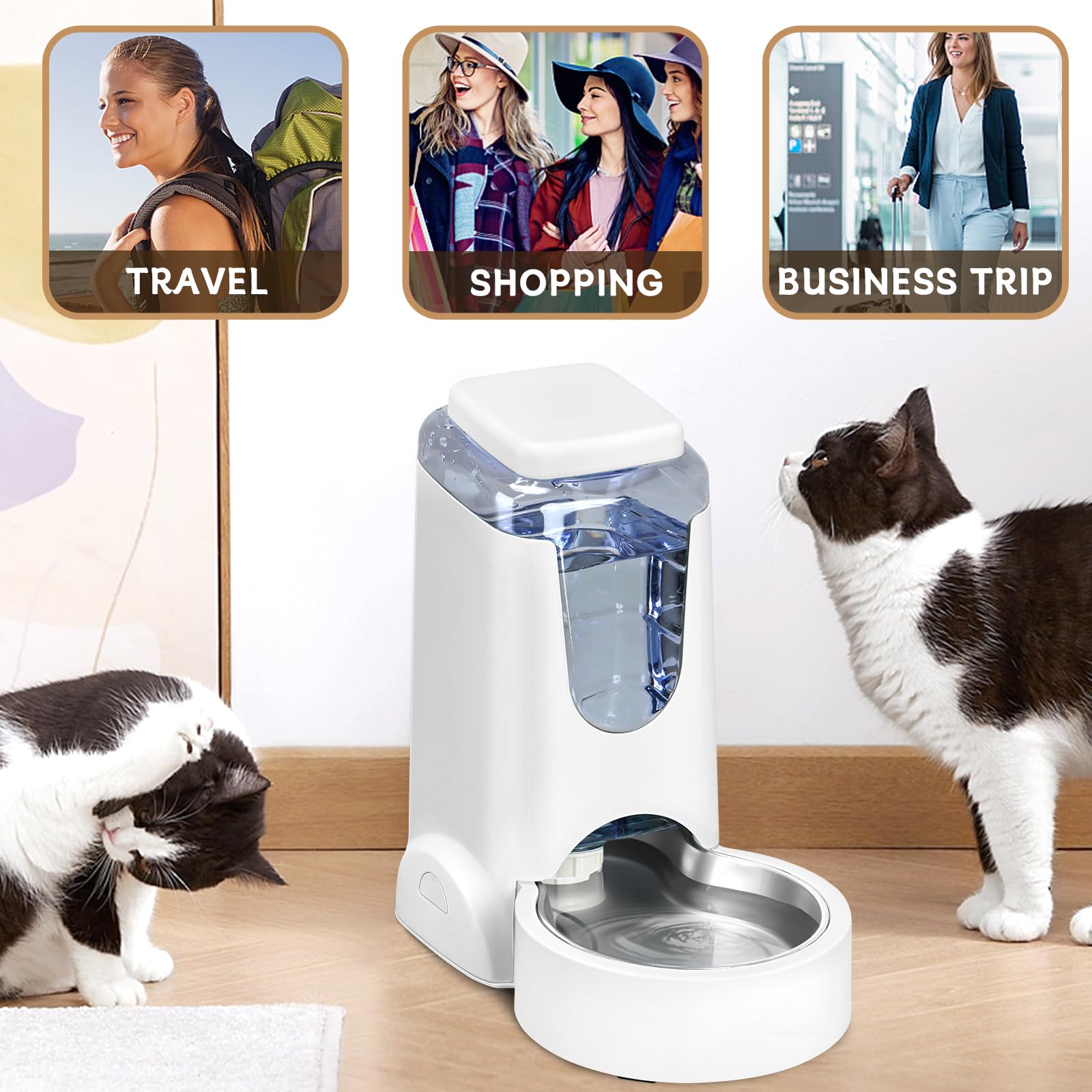 HWONMTE Automatic Cat Feeder & Water Dispenser — Gravity Feed, Stainless Bowl, 1 Gallon (Pack of 2)
