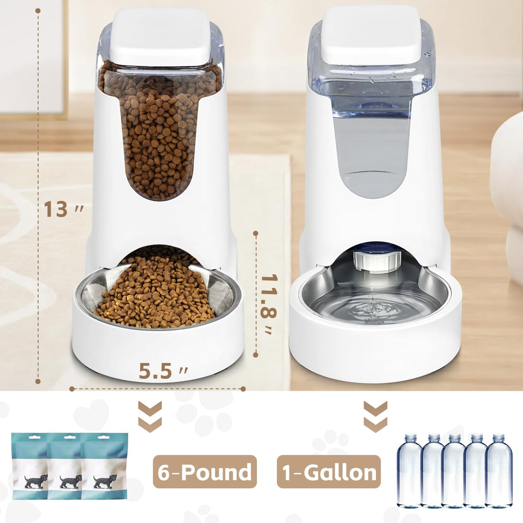 HWONMTE Automatic Cat Feeder & Water Dispenser — Gravity Feed, Stainless Bowl, 1 Gallon (Pack of 2)