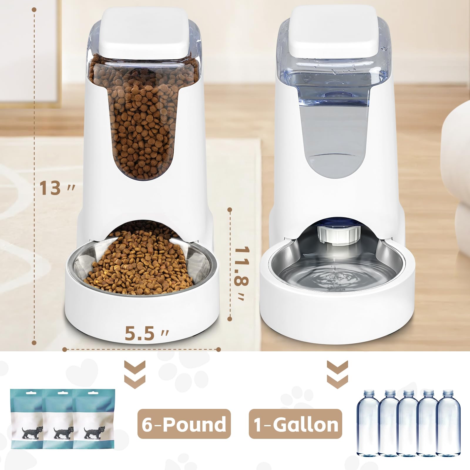 HWONMTE Automatic Cat Feeder & Water Dispenser — Gravity Feed, Stainless Bowl, 1 Gallon (Pack of 2)