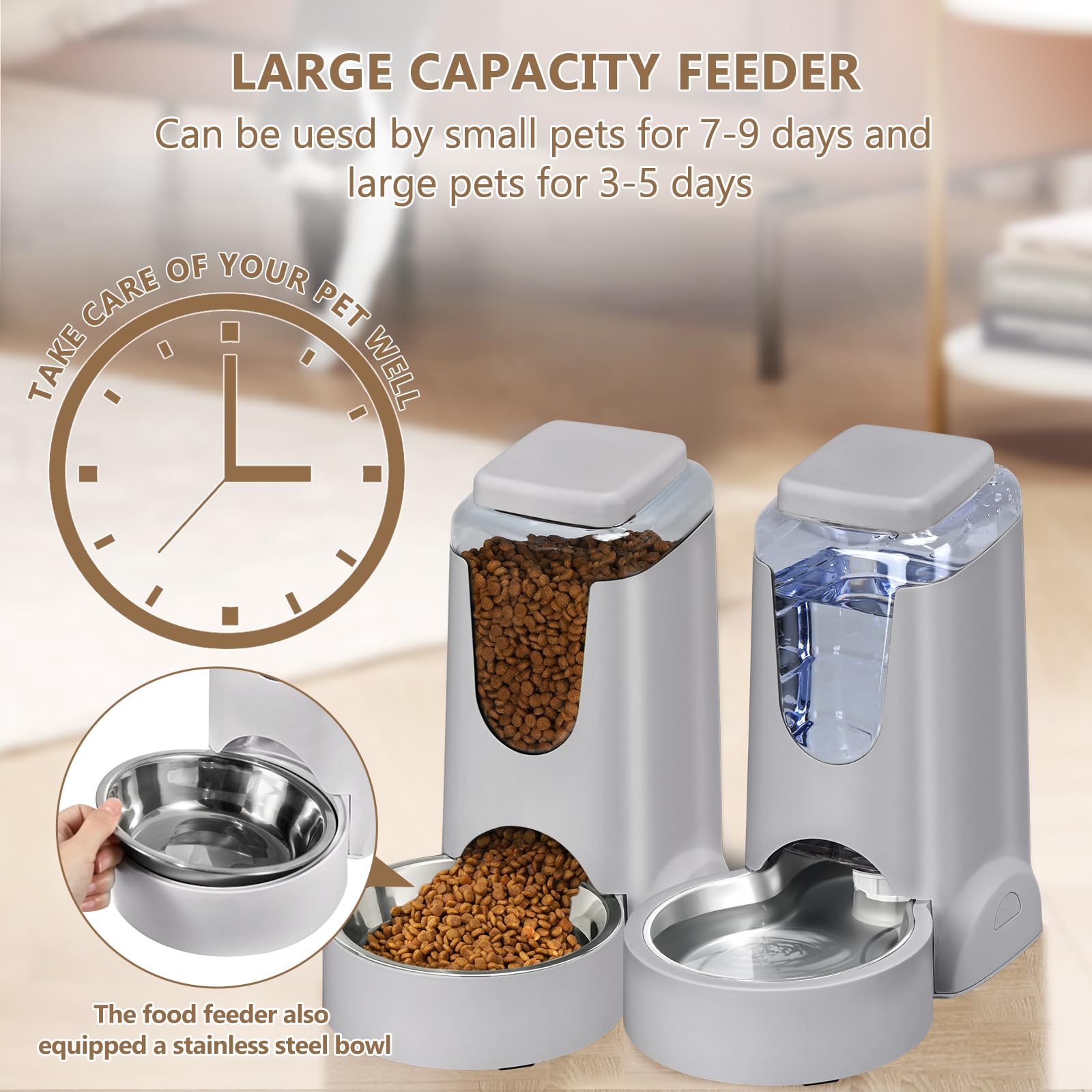 HWONMTE Portable Automatic Cat Feeder & Water Dispenser (2-Pack) | 1 Gallon Capacity, Stainless Steel Bowl