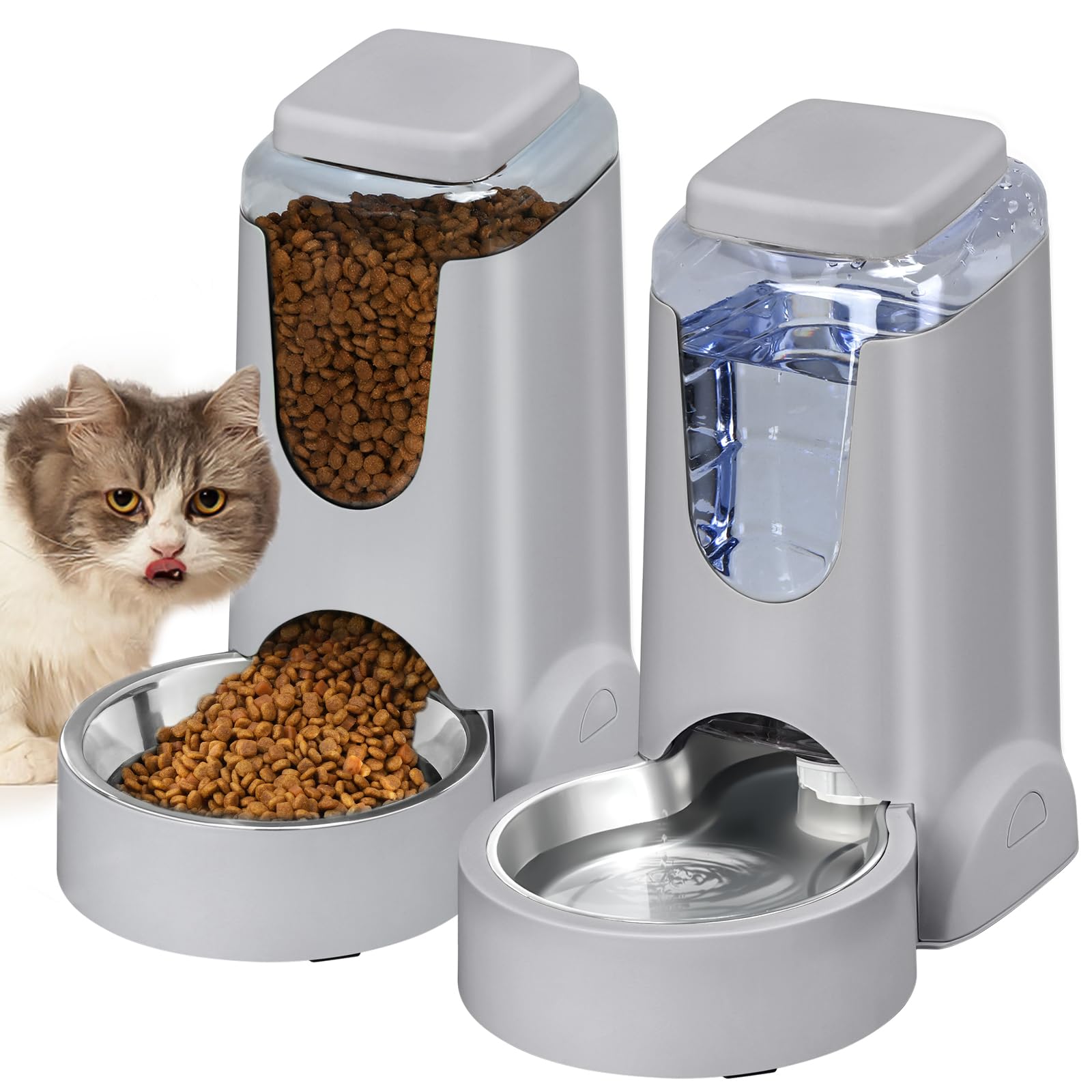 HWONMTE Portable Automatic Cat Feeder & Water Dispenser (2-Pack) | 1 Gallon Capacity, Stainless Steel Bowl