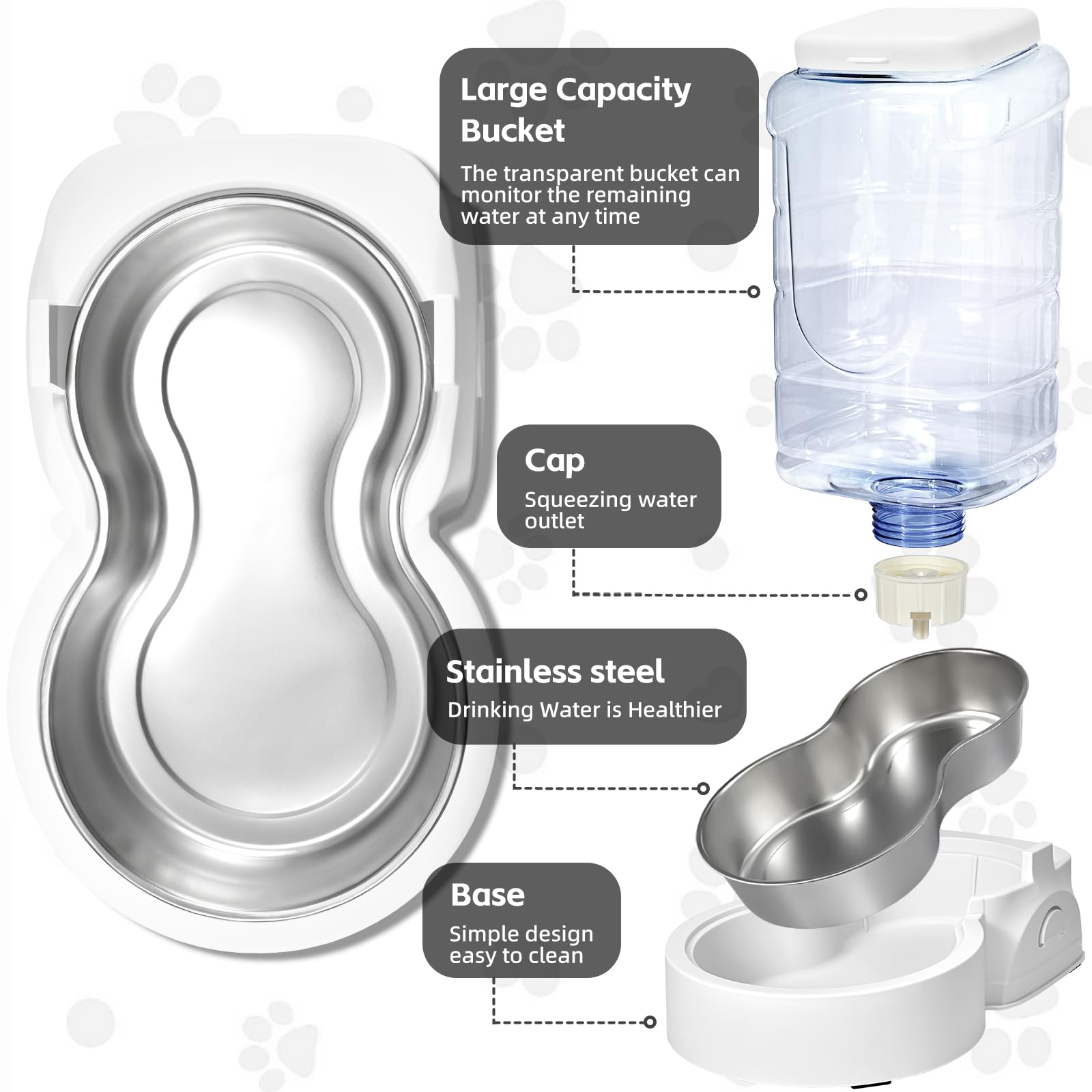 HWONMTE Automatic Cat Feeder & Water Dispenser — Gravity Feed, Stainless Bowl, 1 Gallon (Pack of 2)