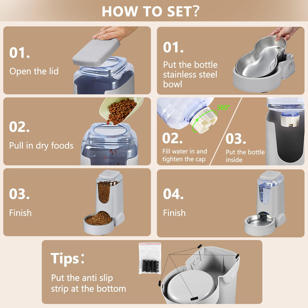 HWONMTE Automatic Cat Feeder & Water Dispenser — Gravity Feed, Stainless Bowl, 1 Gallon (Pack of 2)