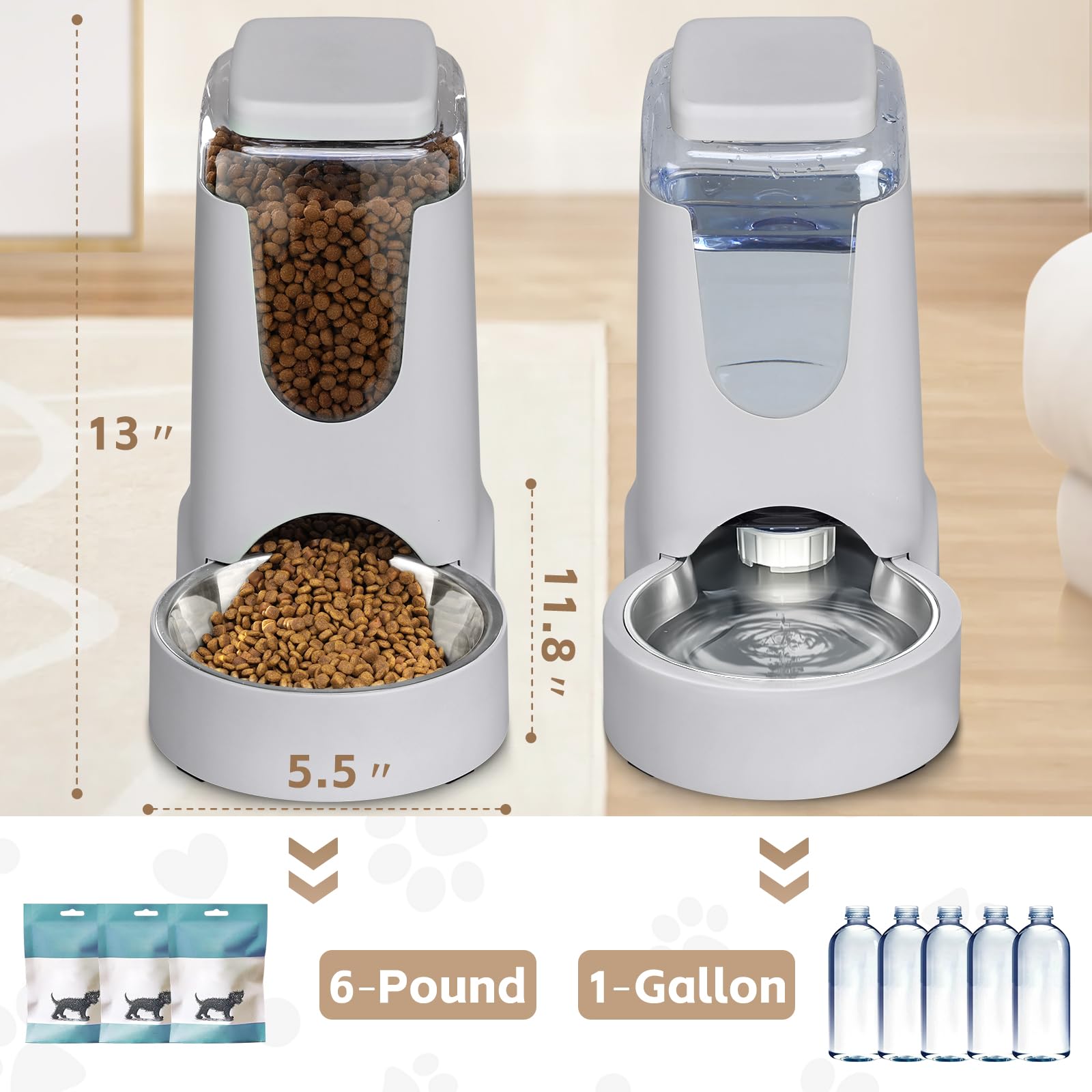 HWONMTE Portable Automatic Cat Feeder & Water Dispenser (2-Pack) | 1 Gallon Capacity, Stainless Steel Bowl