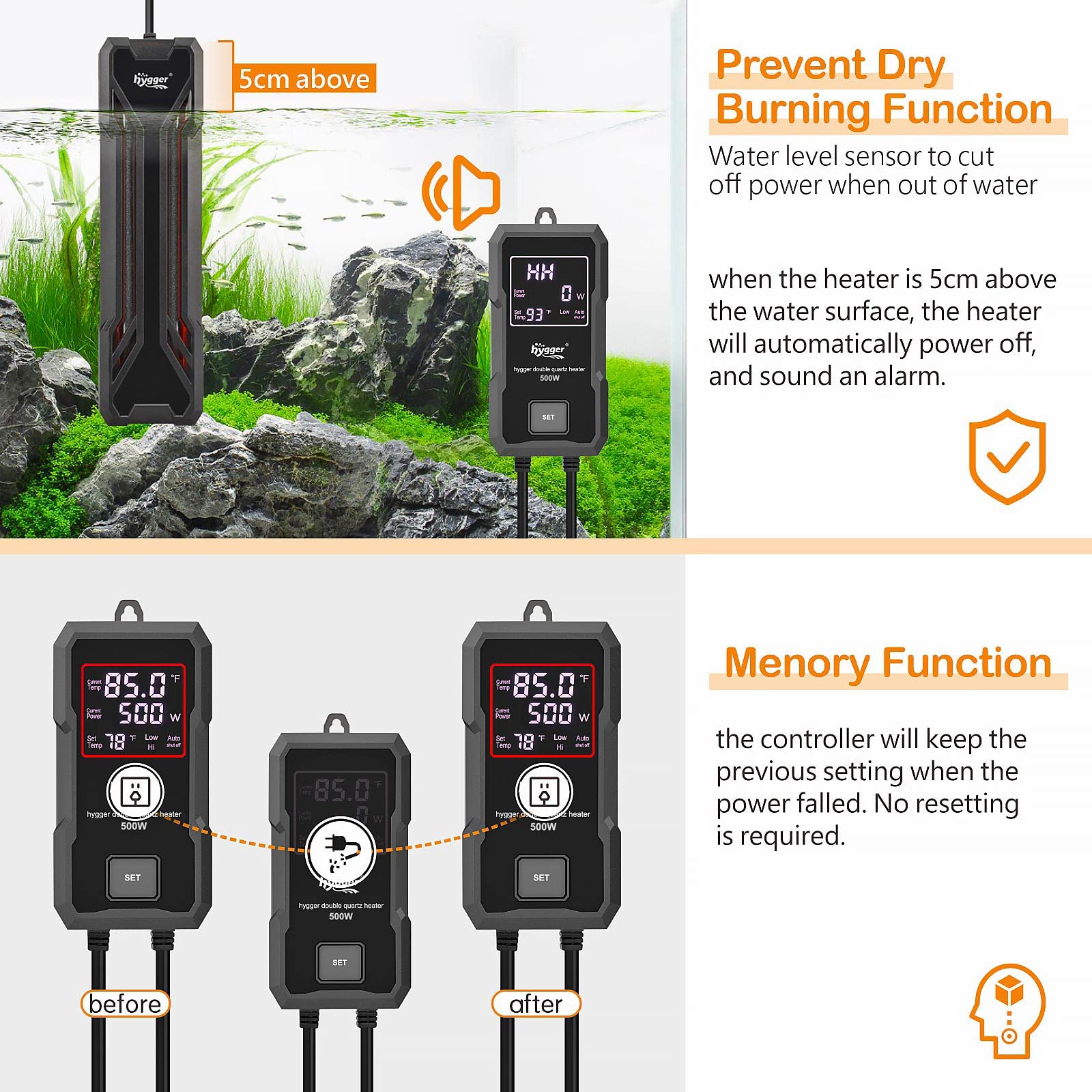 hygger Aquarium Heater 300W-1000W | Submersible with Digital LED Controller & Auto Shut-Off for Freshwater & Saltwater