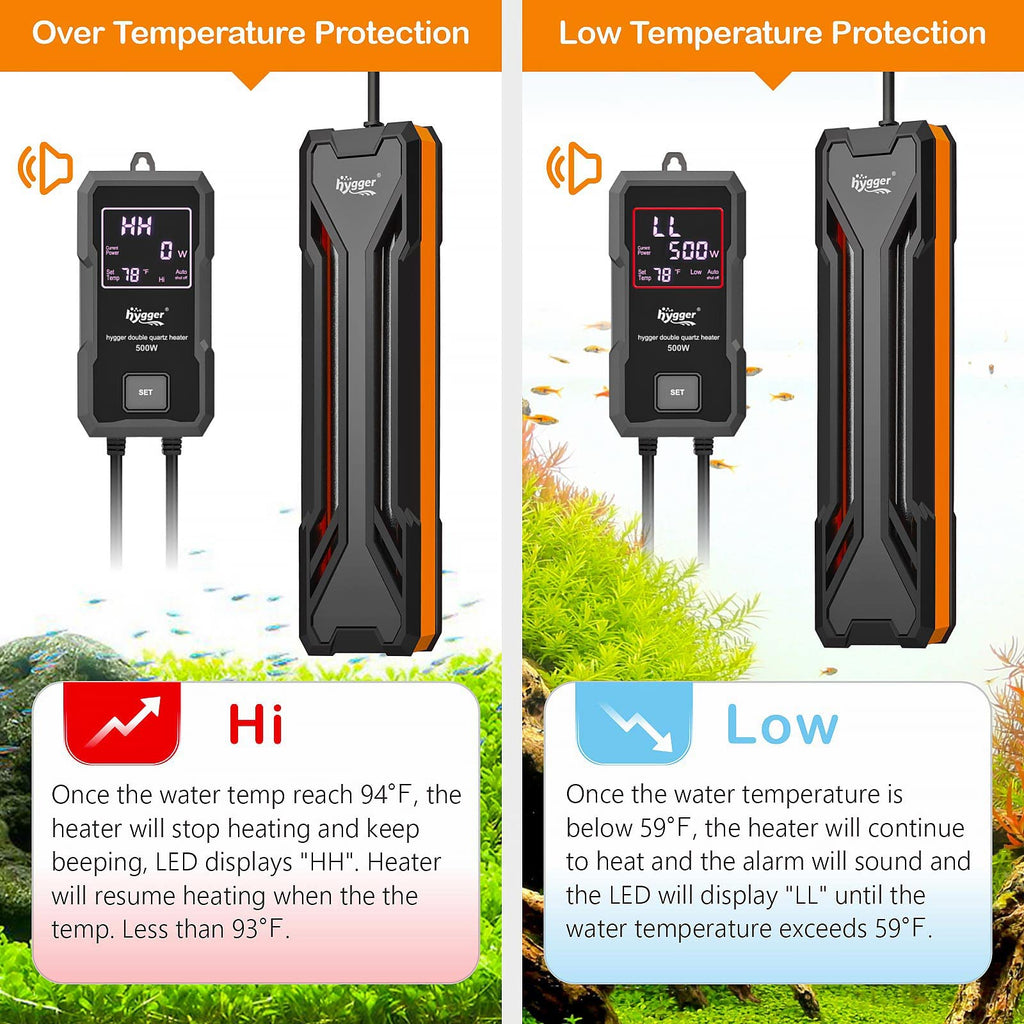 hygger Aquarium Heater 300W-1000W | Submersible with Digital LED Controller & Auto Shut-Off for Freshwater & Saltwater