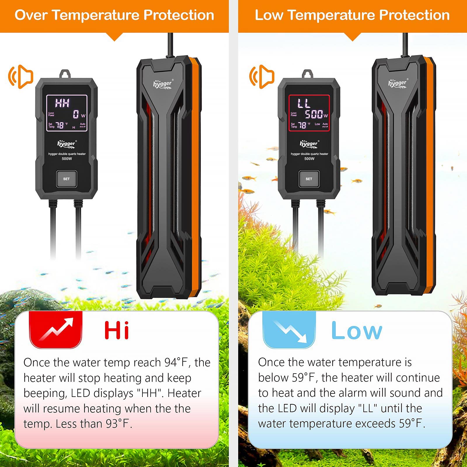 hygger Aquarium Heater 300W-1000W | Submersible with Digital LED Controller & Auto Shut-Off for Freshwater & Saltwater