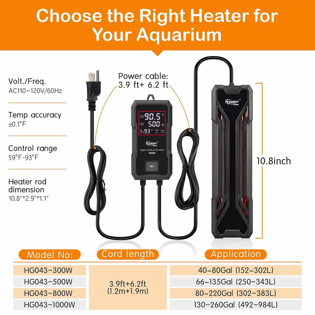 hygger Aquarium Heater 300W-1000W | Submersible with Digital LED Controller & Auto Shut-Off for Freshwater & Saltwater