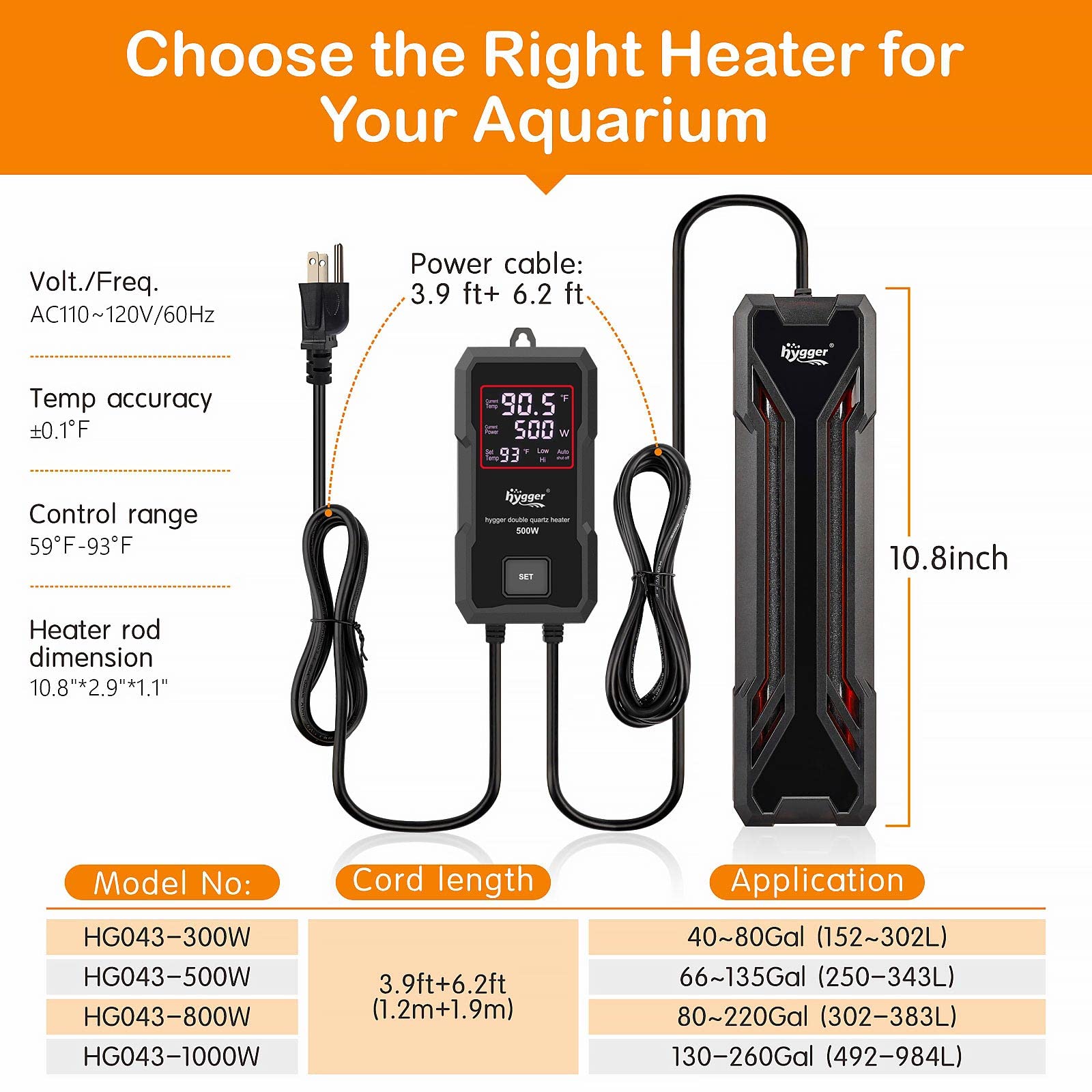 hygger Aquarium Heater 300W-1000W | Submersible with Digital LED Controller & Auto Shut-Off for Freshwater & Saltwater
