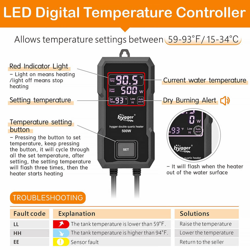 hygger Aquarium Heater 300W-1000W | Submersible with Digital LED Controller & Auto Shut-Off for Freshwater & Saltwater