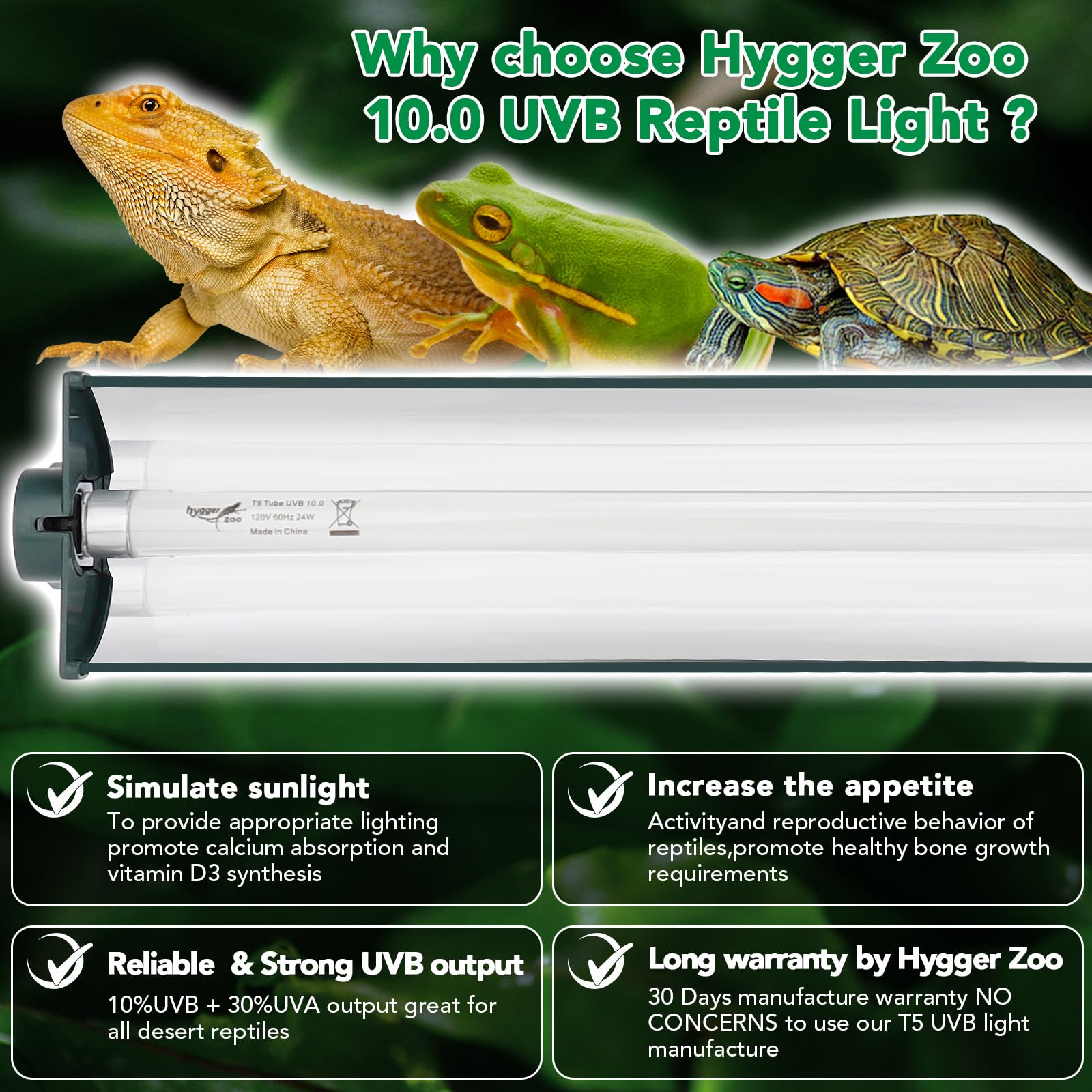 Hygger Zoo T5 Reptile Light Fixture Green Combo Kit – 39W UVB 10.0