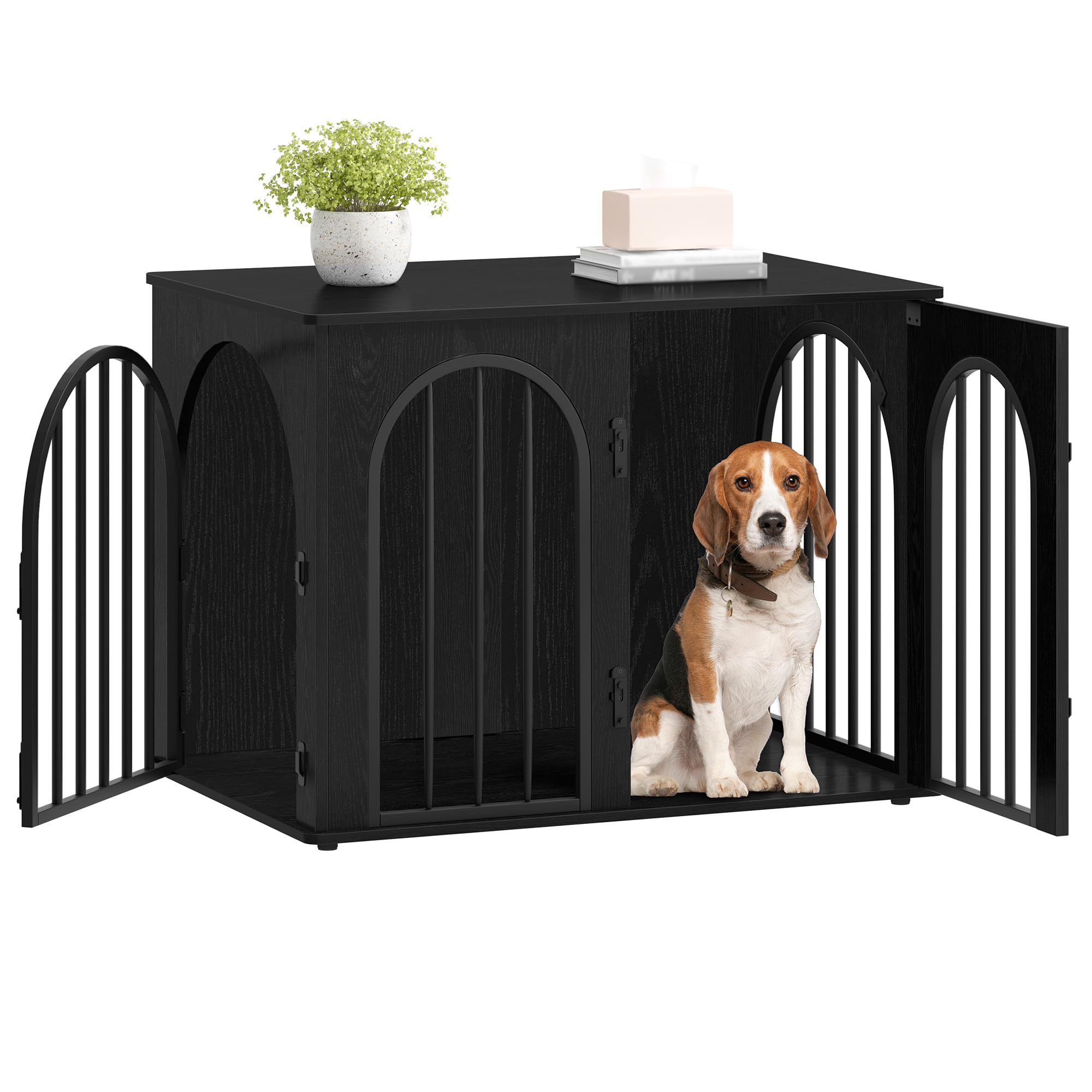 Hzuaneri 31.5'' Wooden Dog Crate Furniture – Heavy-Duty Indoor Kennel & End Table, Black DFC85104B