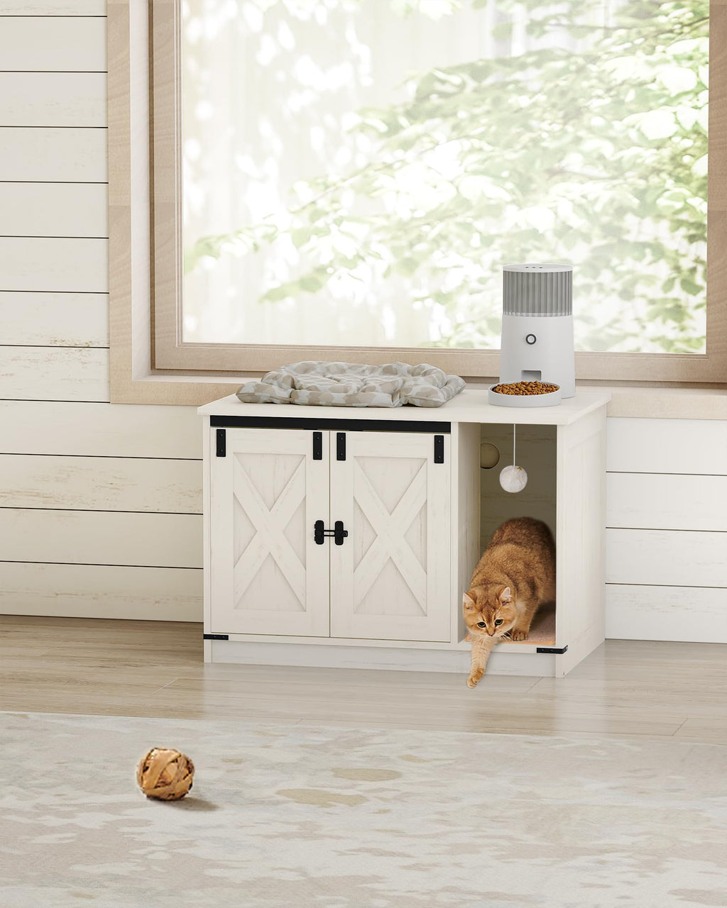 Hzuaneri Cat Litter Box Enclosure – Hidden Cabinet with Bell, Farmhouse Style (31.5 x 19.7 x 20.9 in) CB82414B