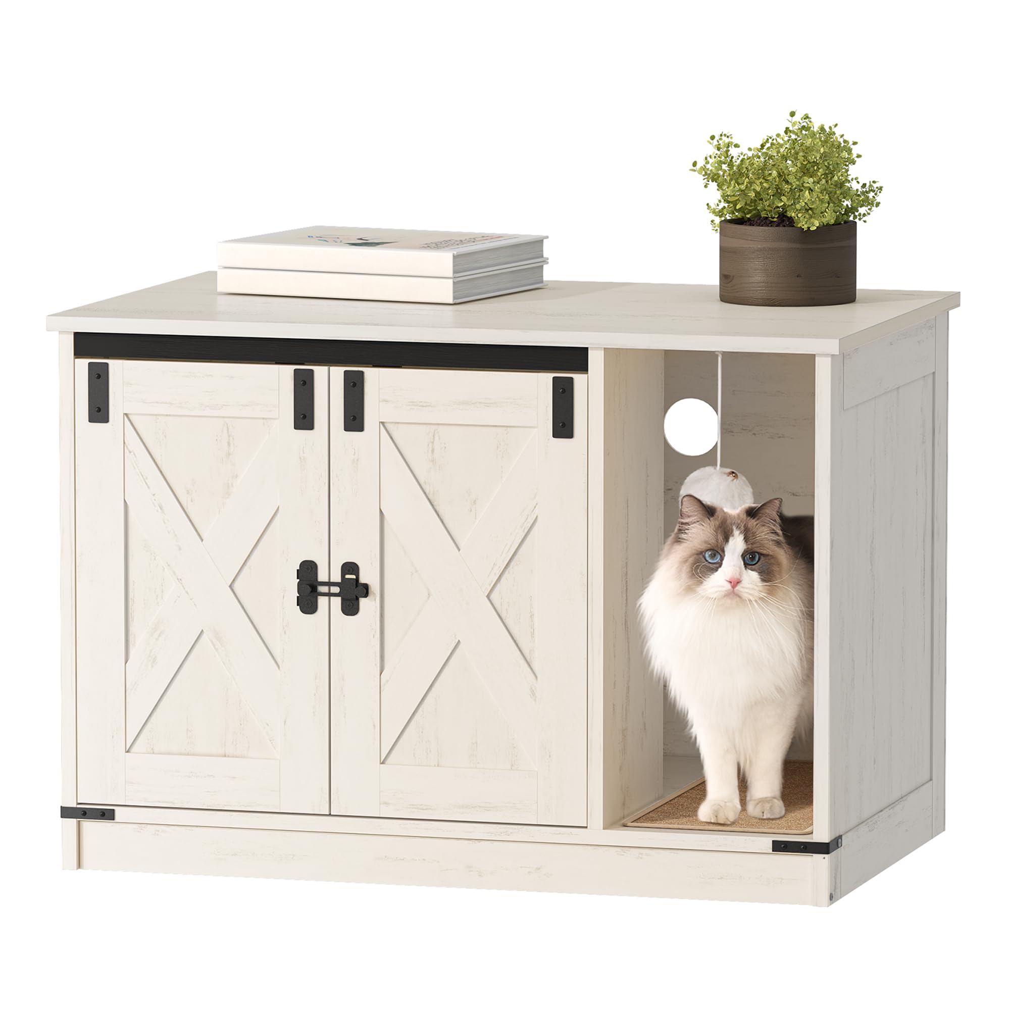 Hzuaneri Cat Litter Box Enclosure – Hidden Cabinet with Bell, Farmhouse Style (31.5 x 19.7 x 20.9 in) CB82414B