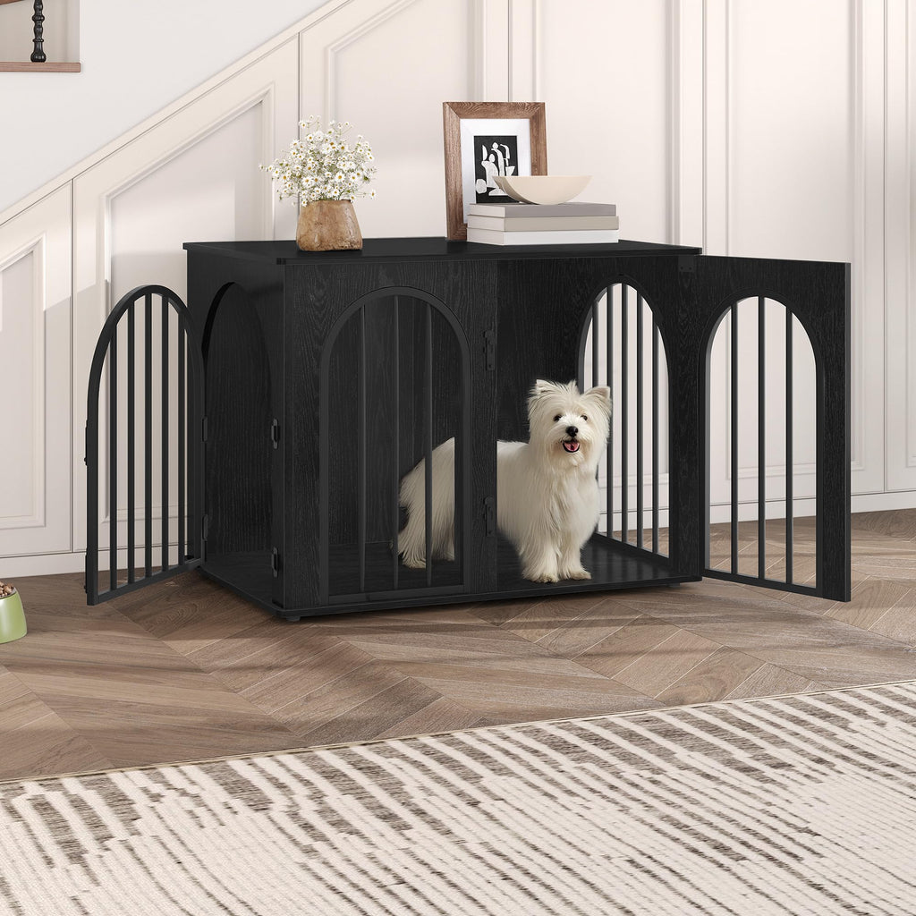 Hzuaneri 31.5'' Wooden Dog Crate Furniture – Heavy-Duty Indoor Kennel & End Table, Black DFC85104B