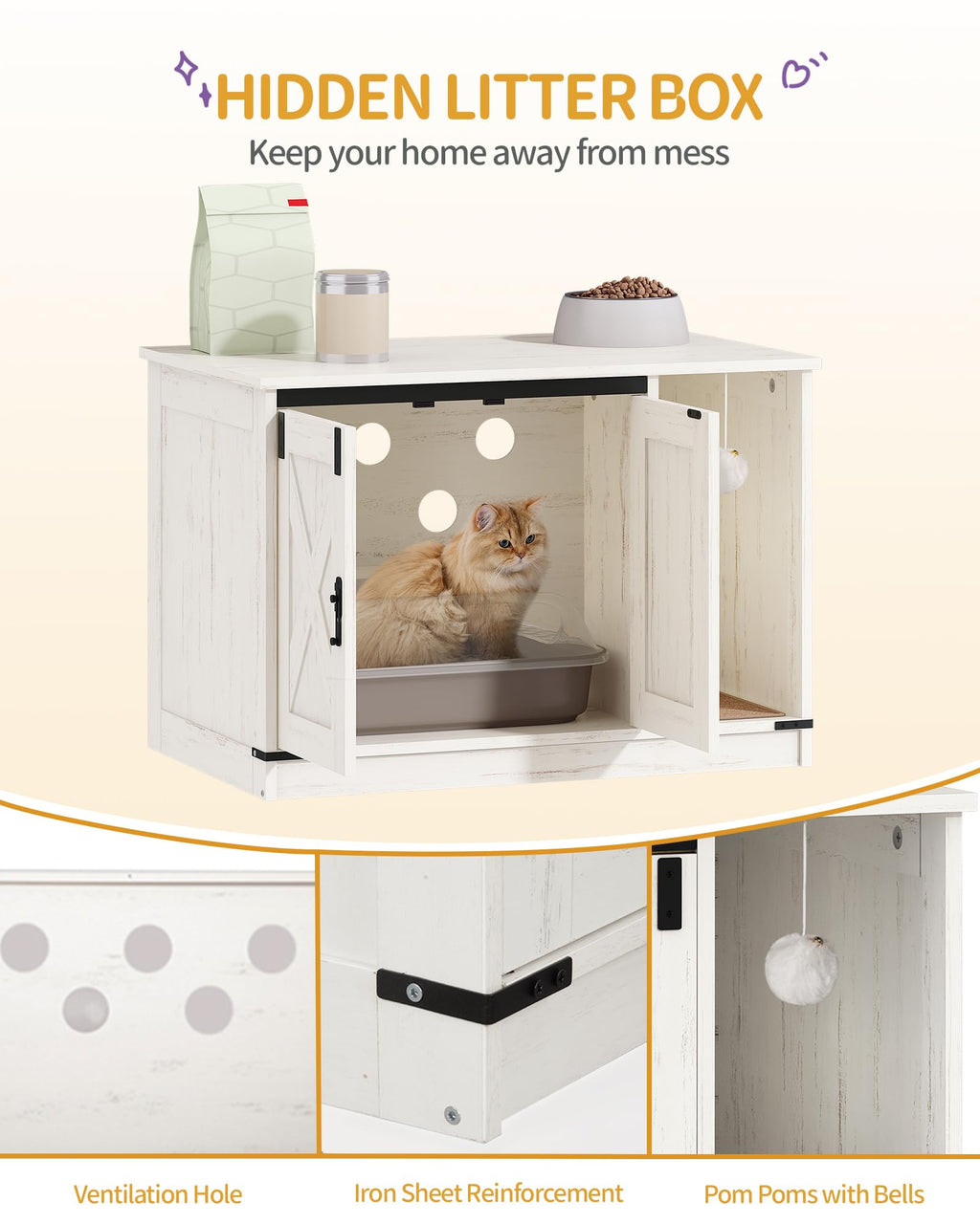 Hzuaneri Cat Litter Box Enclosure – Hidden Cabinet with Bell, Farmhouse Style (31.5 x 19.7 x 20.9 in) CB82414B